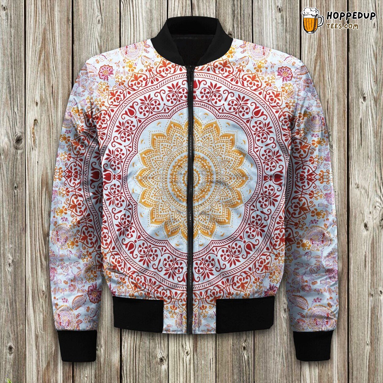 Red Floral Hippie Mandala Bomber Jacket