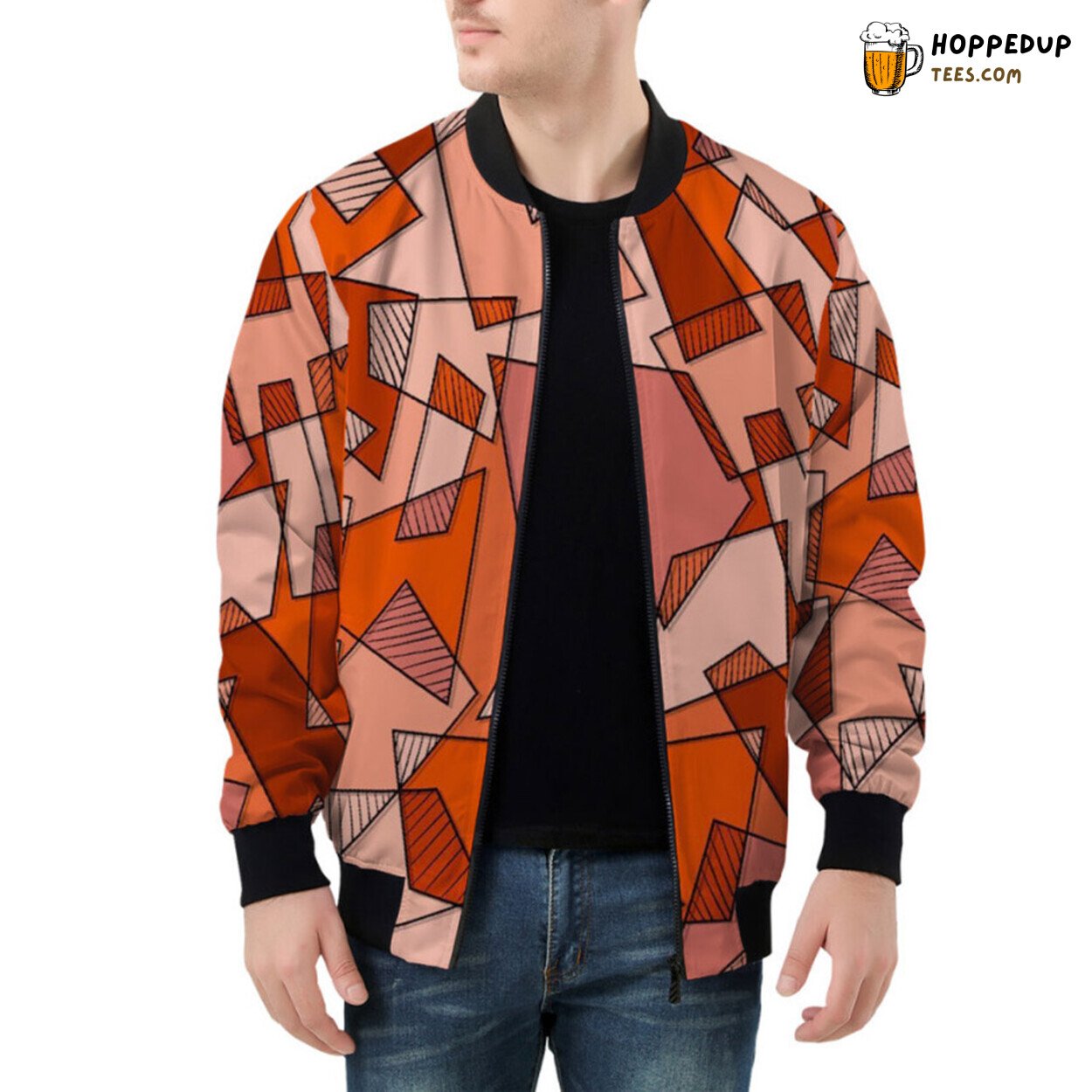 Red Geometric Mosaic Distinct Pattern on a Bomber Jacket