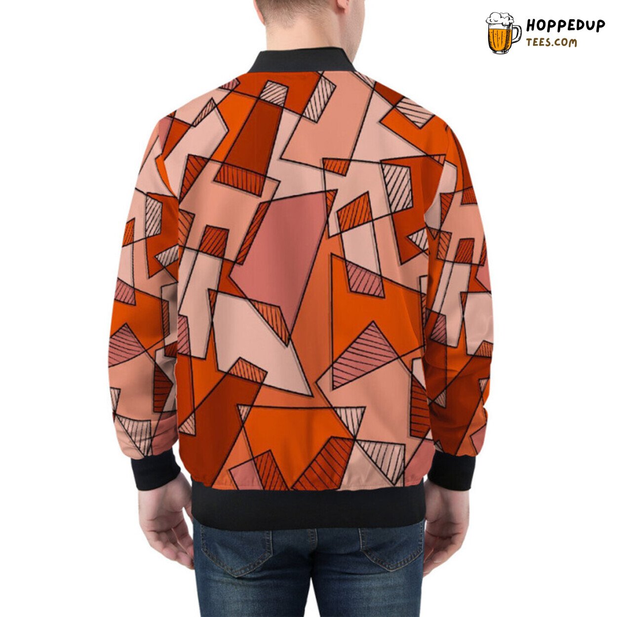 Red Geometric Mosaic Distinct Pattern on a Bomber Jacket