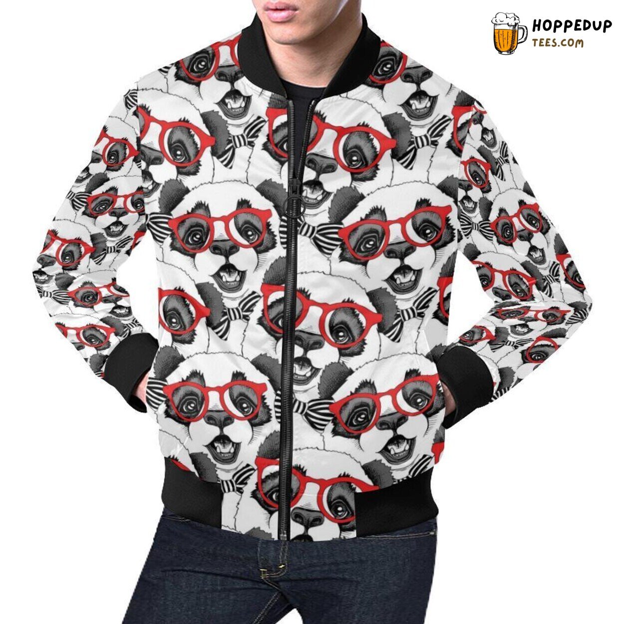 Red Glasses Panda Pattern Print Men’s Bomber Jacket Unique Design