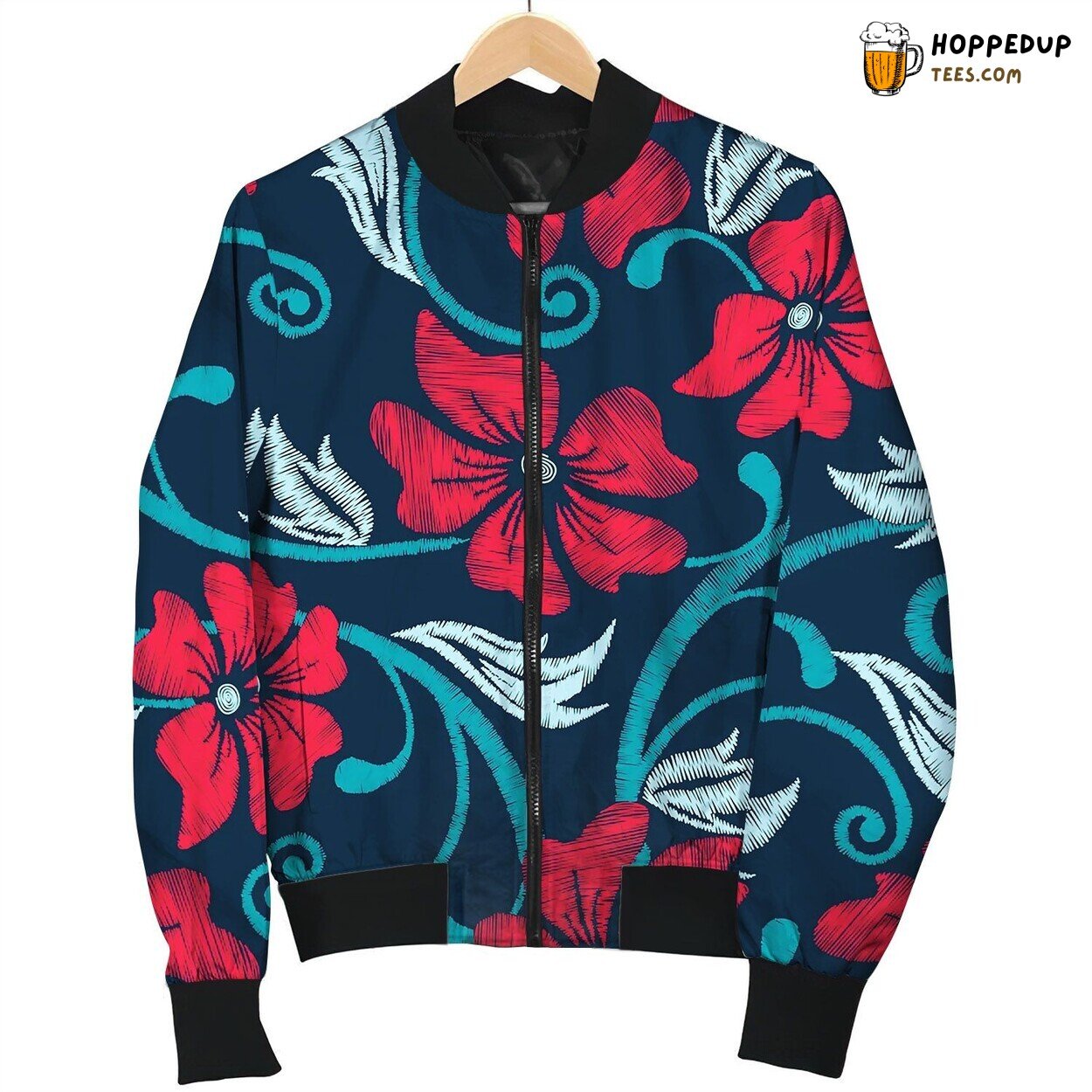 Red Hibiscus Tropical Embroidery Floral Seamless Bomber Jacket