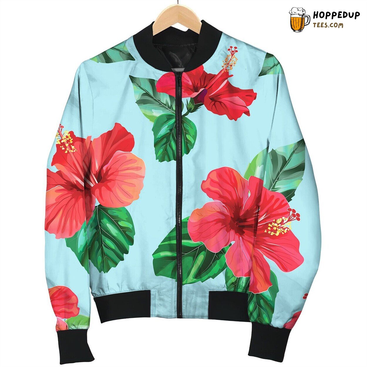Red Hibiscus Tropical Flowers Seamless Pattern Bomber Jacket