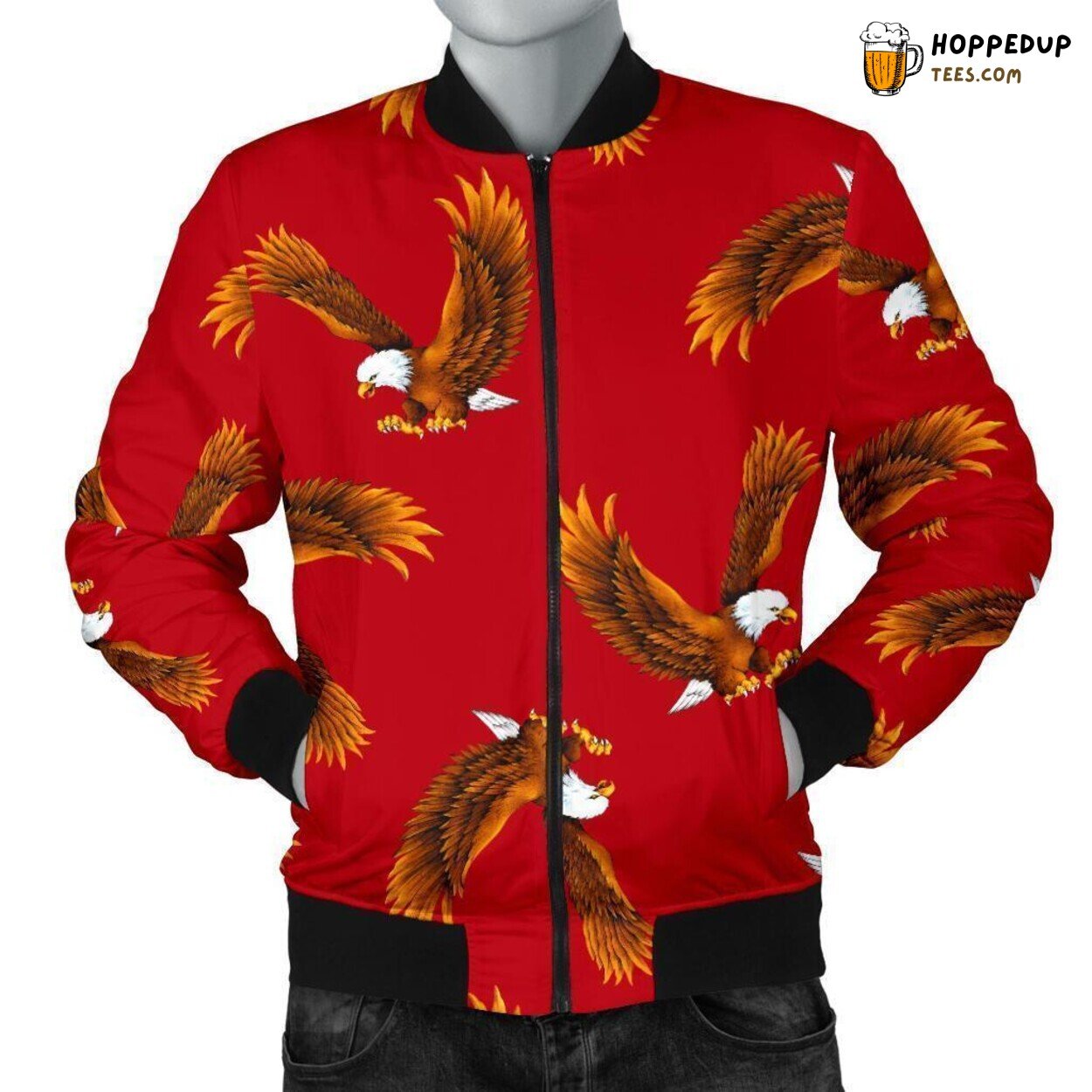 Red Hue Majestic Eagle Men’s Bomber Jacket Unique Pattern Design Essence