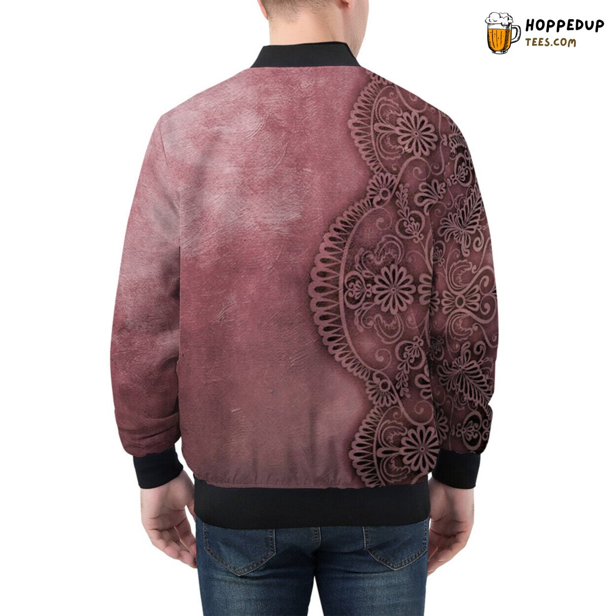 Red Lace Design Patterns Enchant on Men’s Bomber Jacket Fabric