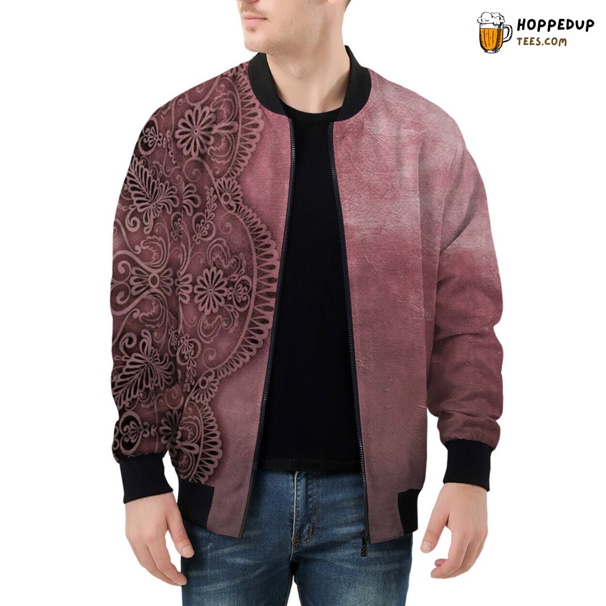 Red Lace Design Patterns Enchant on Men’s Bomber Jacket Fabric