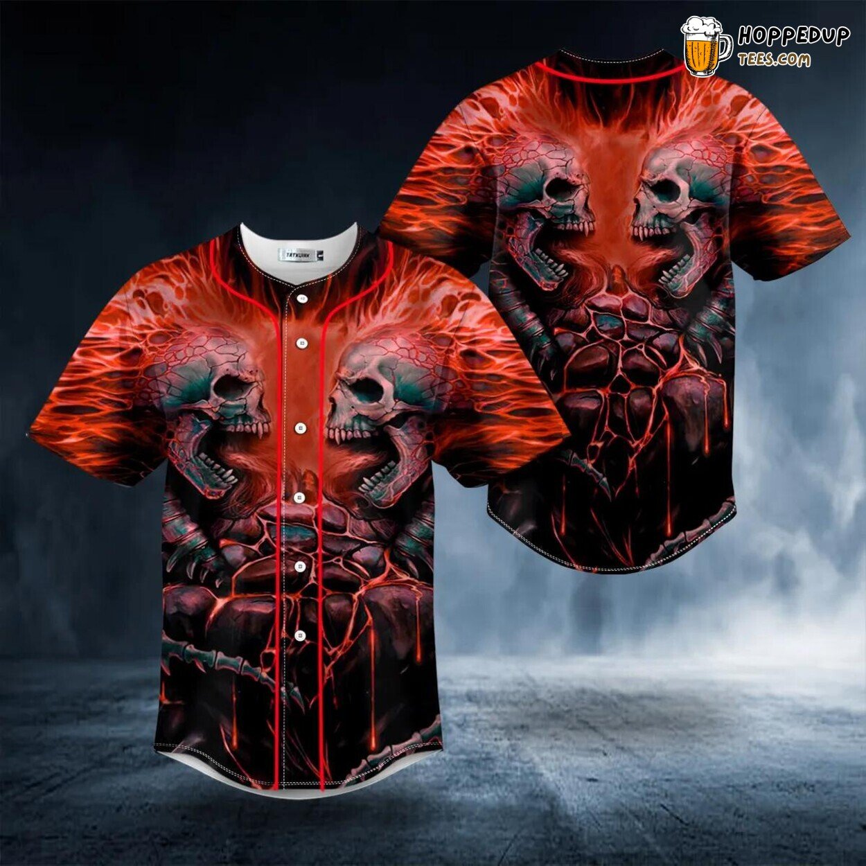 Red Lava Fire Skull 3D Printed Baseball Jersey All Over Graphic Tee