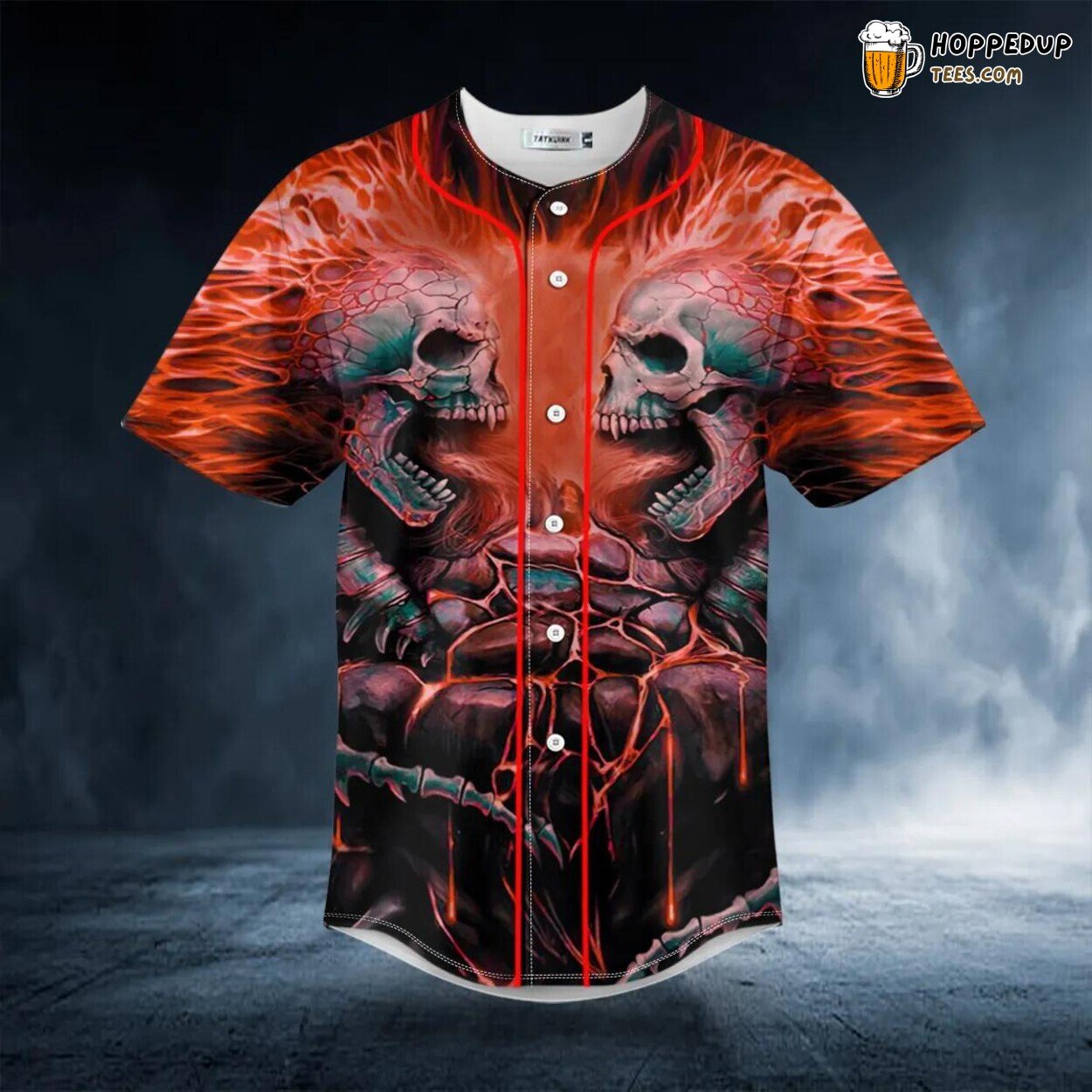 Red Lava Fire Skull 3D Printed Baseball Jersey All Over Graphic Tee