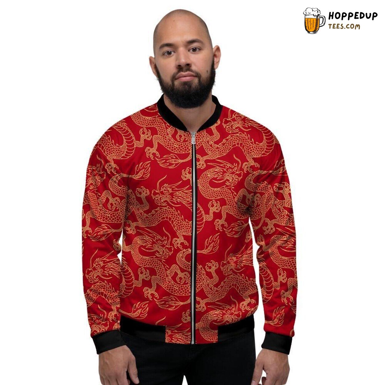 Red Oriental Dragon Art Bomber Jacket Men’s Distinctive Stylish Fashion Wear