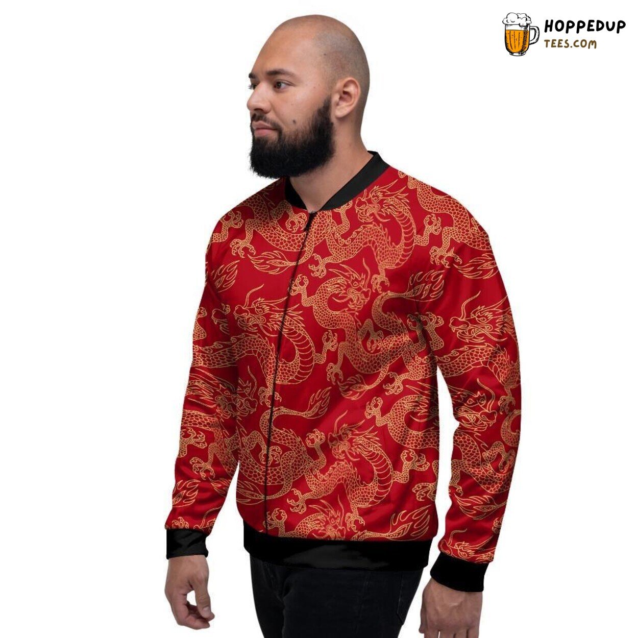 Red Oriental Dragon Art Bomber Jacket Men’s Distinctive Stylish Fashion Wear