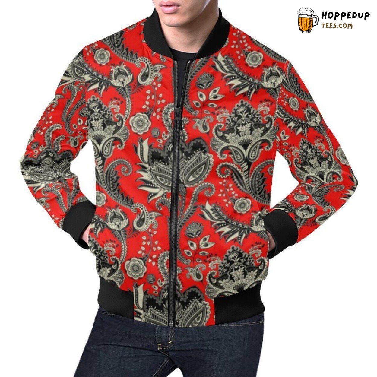 Red Paisley Art Print Bomber Jacket Men’s Fashionable Classic Design Piece