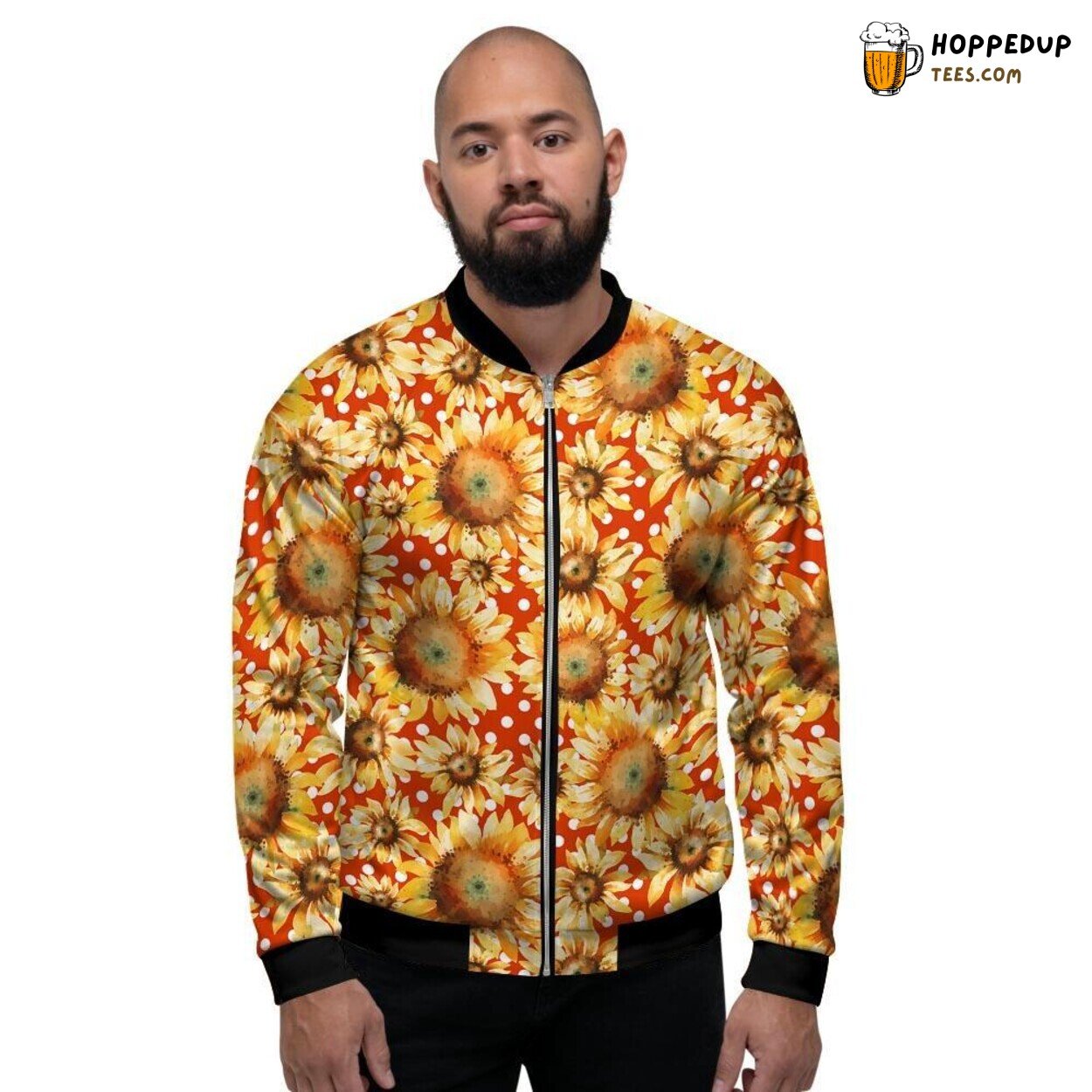 Red Polka Dot Sunflower Design Men’s Bomber Jacket Vibrant Flower Dot Fusion