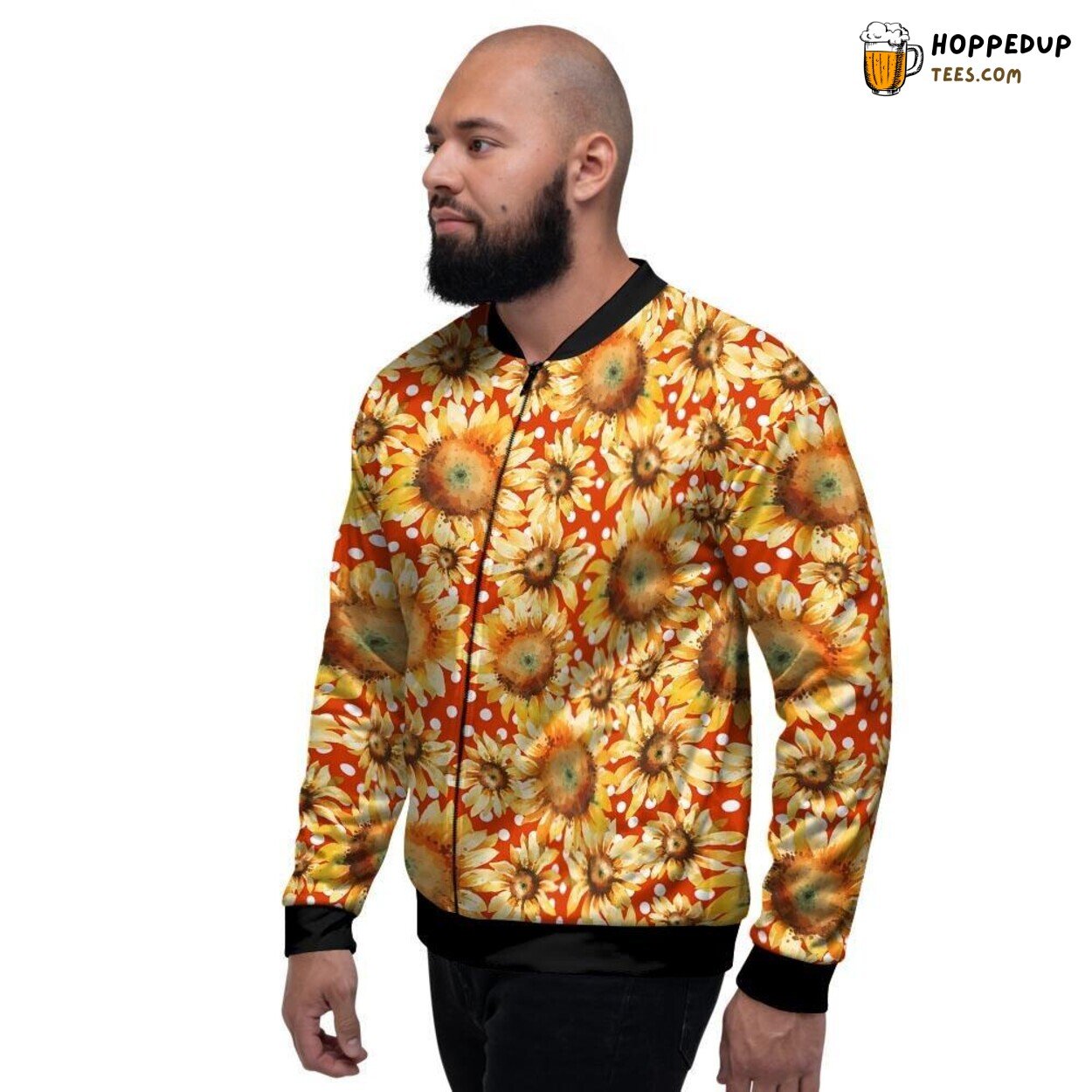Red Polka Dot Sunflower Design Men’s Bomber Jacket Vibrant Flower Dot Fusion