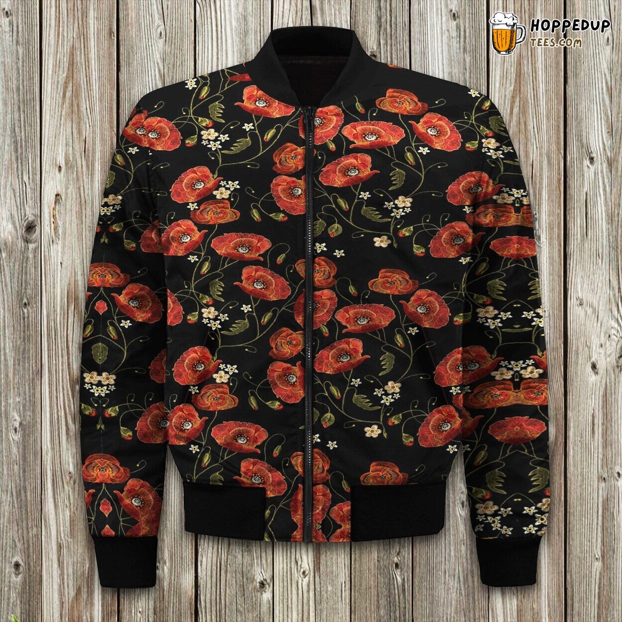 Red Poppy Floral Design Winter Bomber Jacket Fashionable Trend Wear