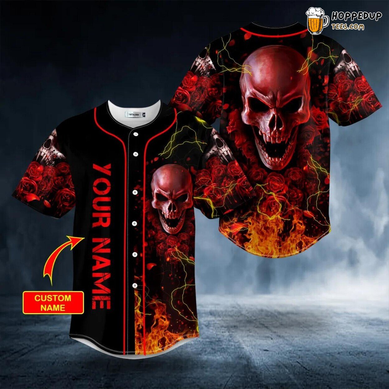 Red Rose Blood Lightning Fire Skull Baseball Jersey Custom