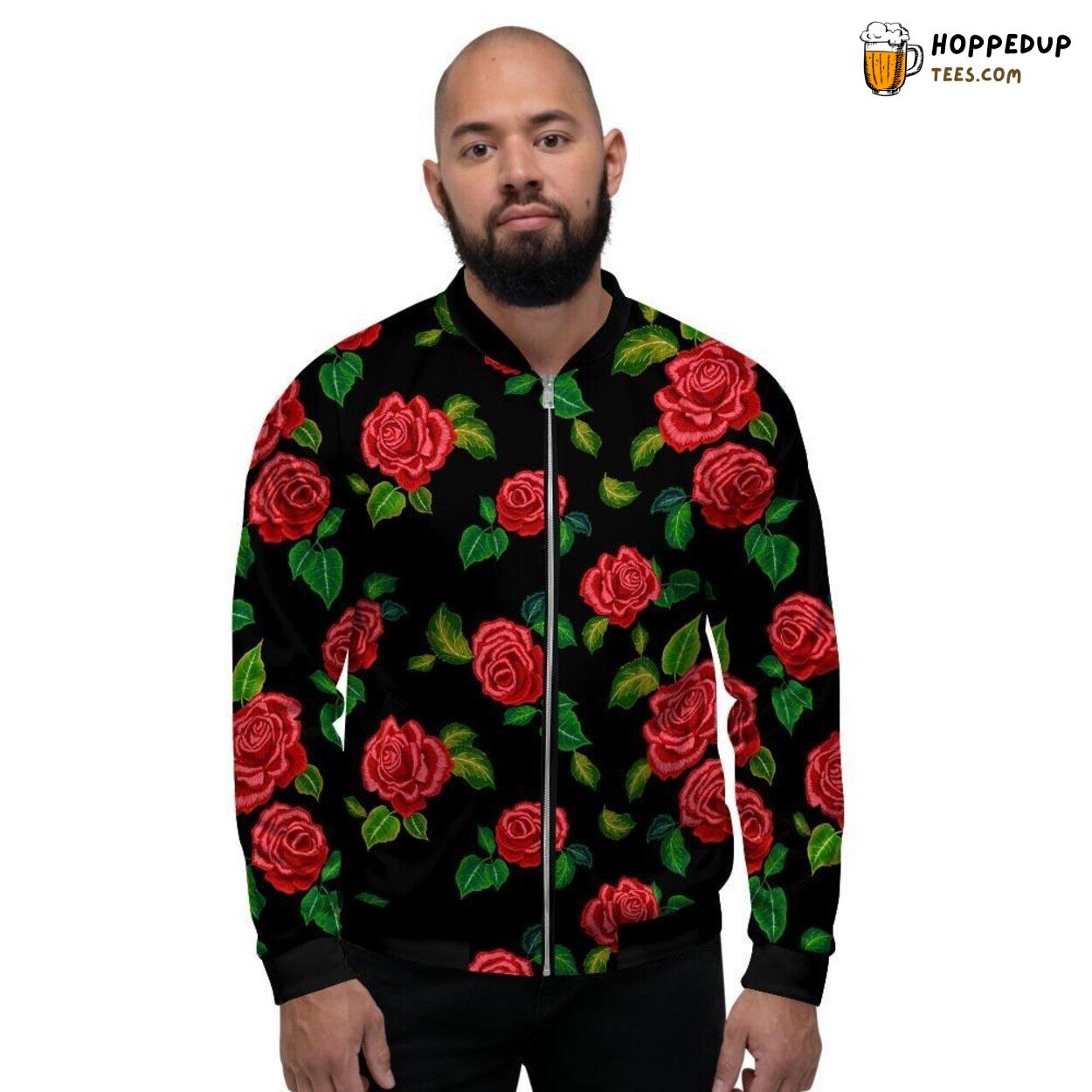 Red Roses Embroidery Motif Showcase Men’s Bomber Jacket Romantic Floral Tribute