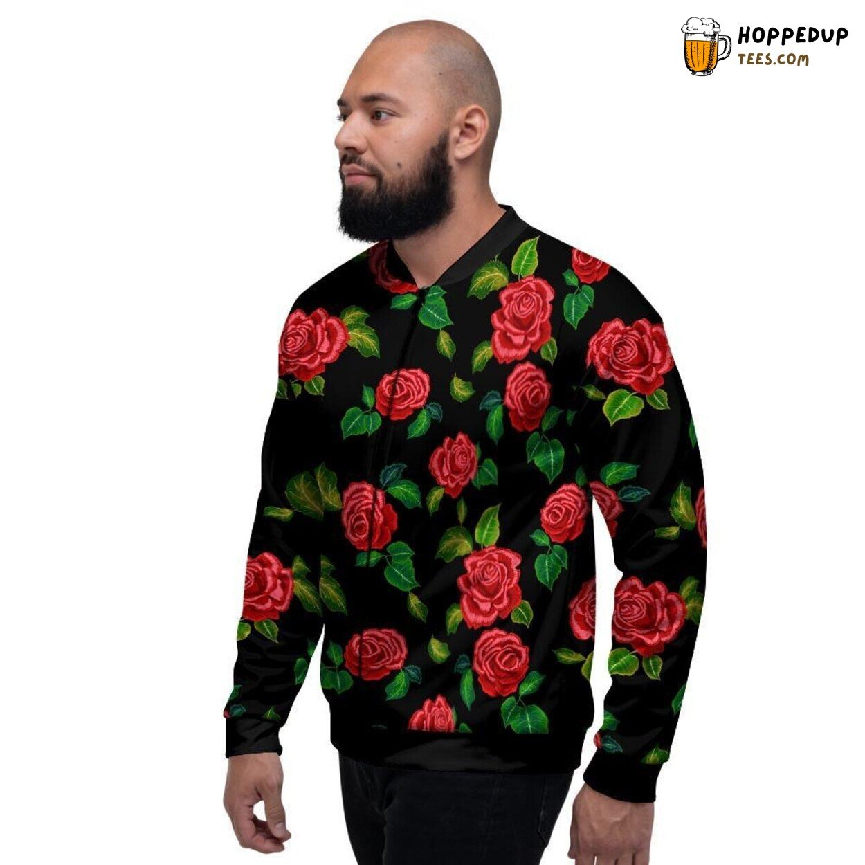 Red Roses Embroidery Motif Showcase Men’s Bomber Jacket Romantic Floral Tribute