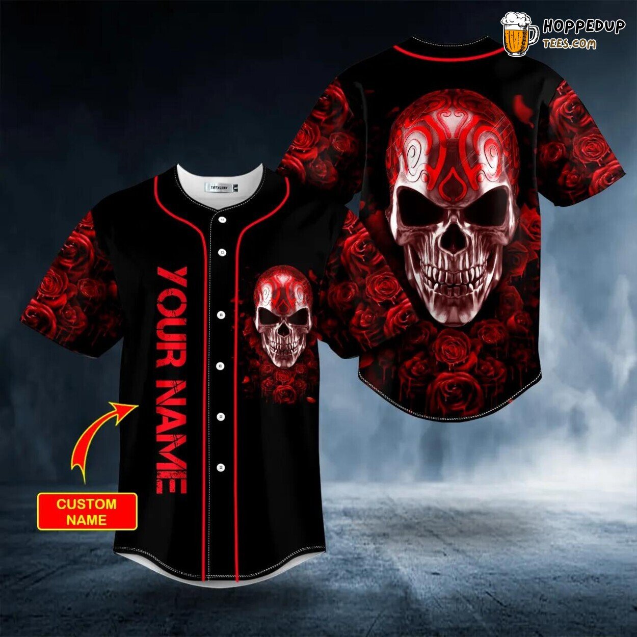 Red Roses Tribal Metal Design Skull Tailored Unique Baseball Jersey