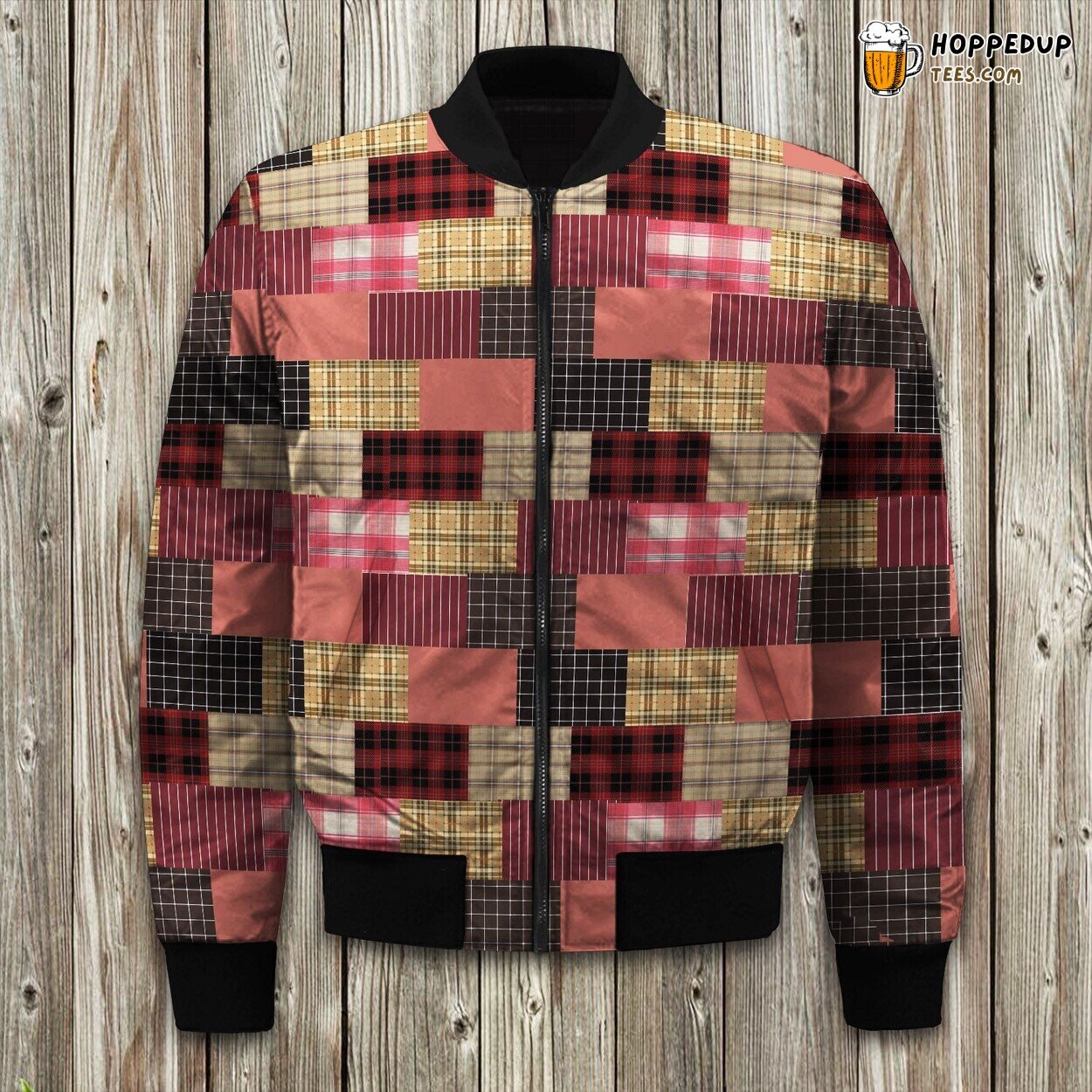 Red Rustic Patchwork Chambray Bomber Jacket