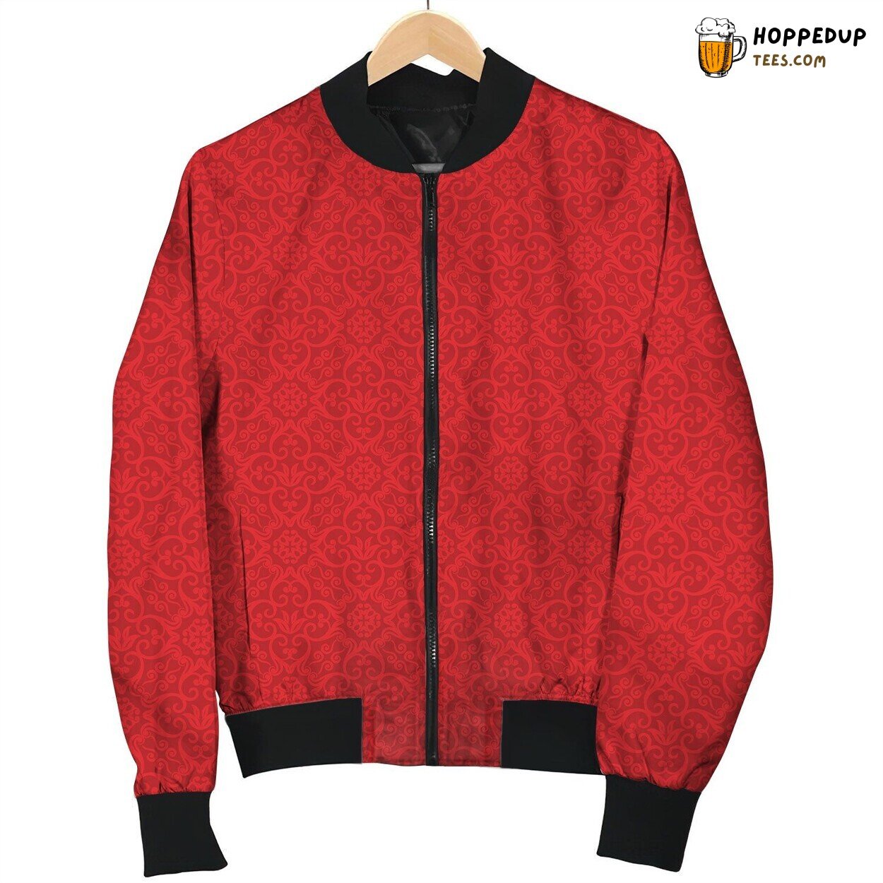 Red Scroll Pattern Bomber Jacket
