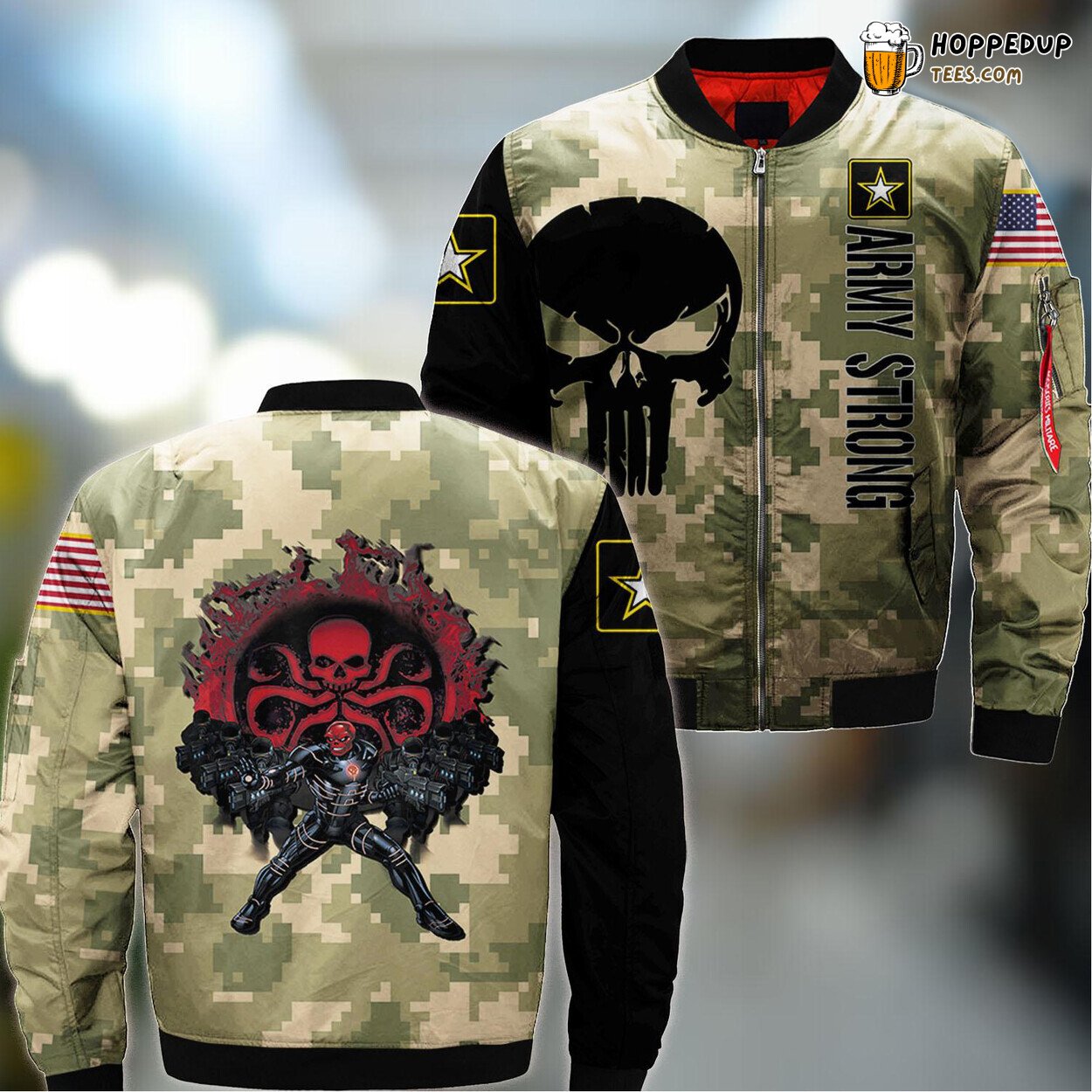 Red Skull Hydra Command Await Army NVG Themed Bomber Jacket