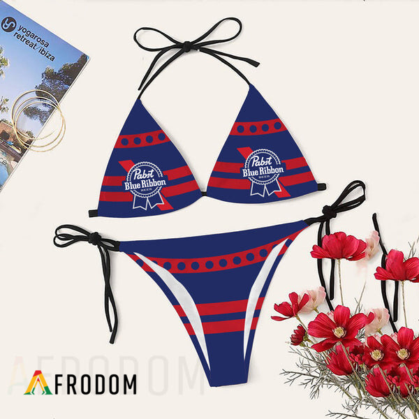 Red Stripe Pabst Blue Ribbon Triangle Bikini Set Swimsuit PBR Triangle Bikini HU