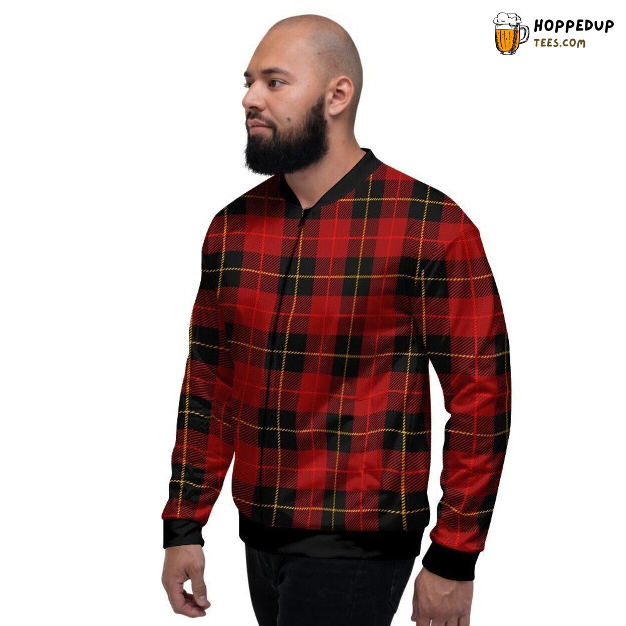 Red Tartan Plaid Black Classic Design Men’s Bomber Jacket Vintage Elegance