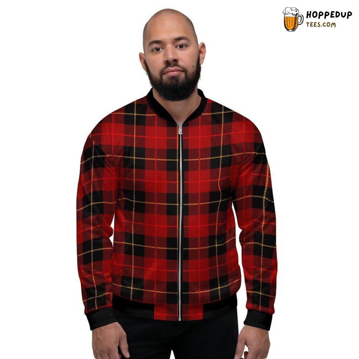Red Tartan Plaid Black Classic Design Men’s Bomber Jacket Vintage Elegance