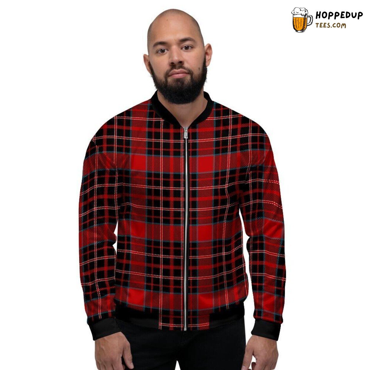 Red Tartan Plaid Inspired Men’s Bomber Jacket Traditional Scottish Style Design