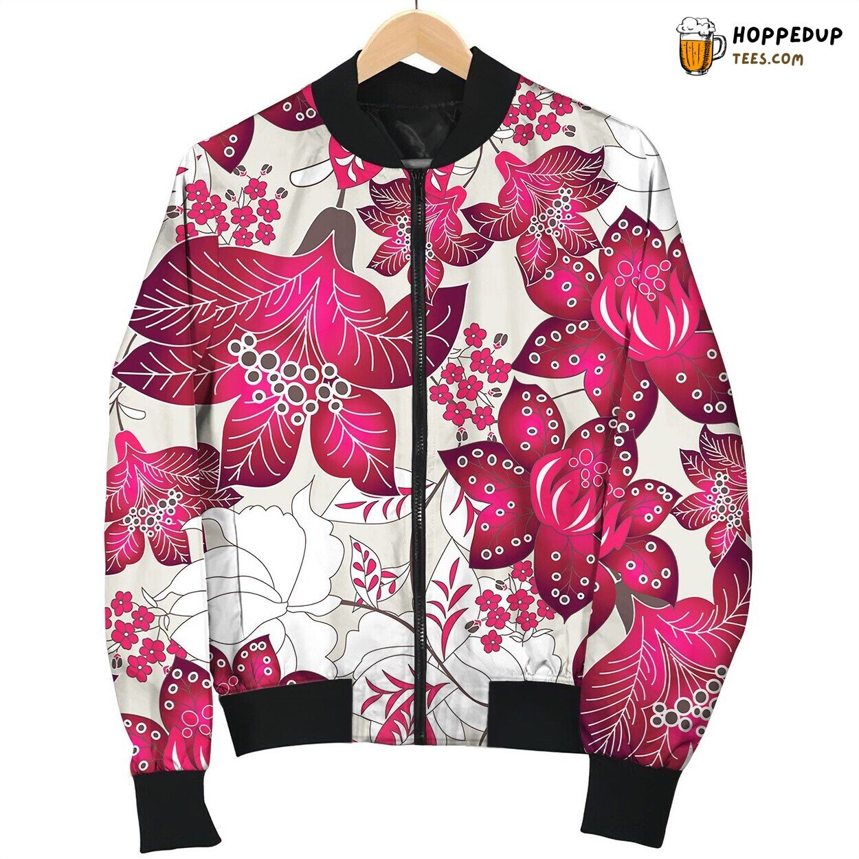 Red Tropical Floral Pattern Bomber Jacket