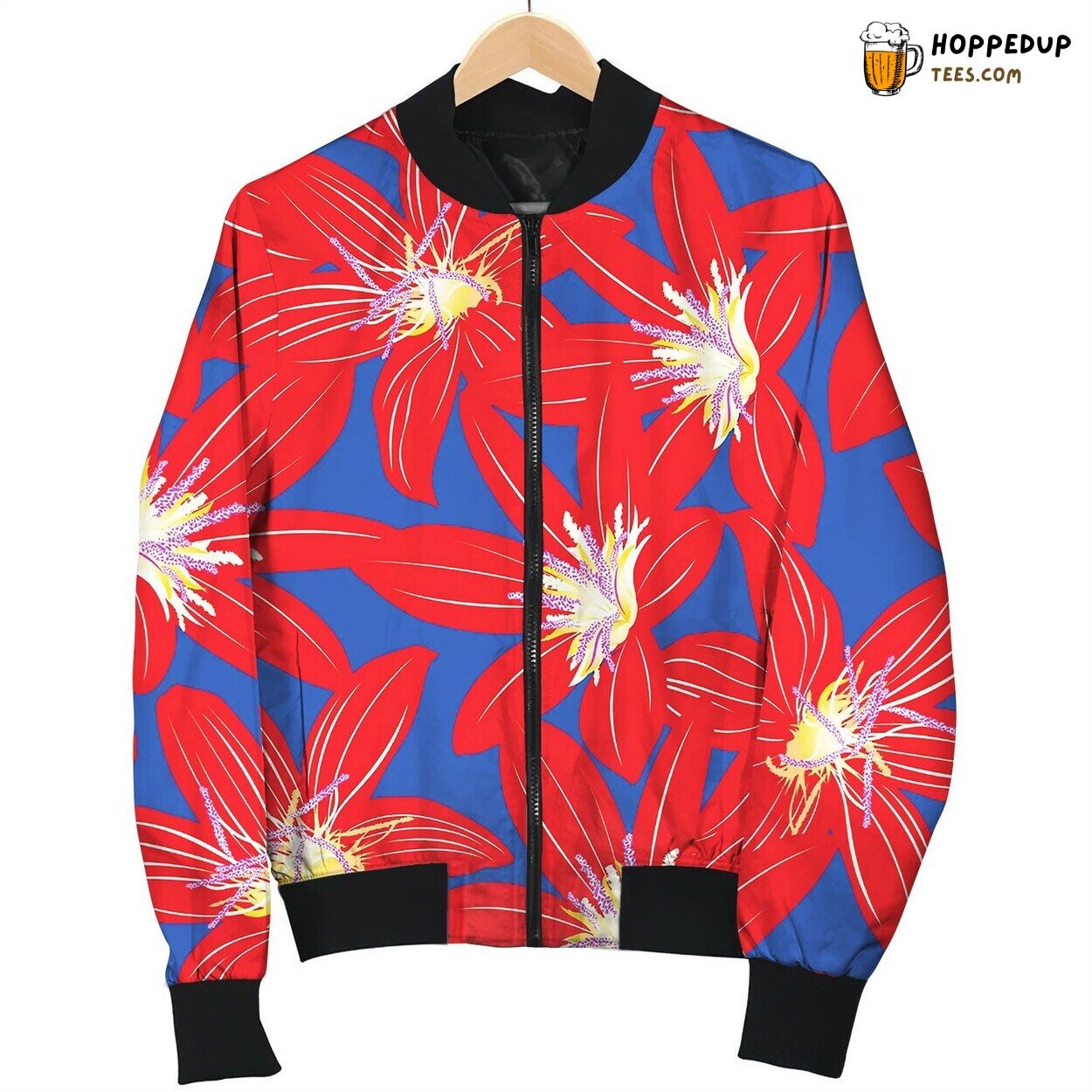 Red Tropical Hibiscus Floral Design Seamless Bomber Jacket