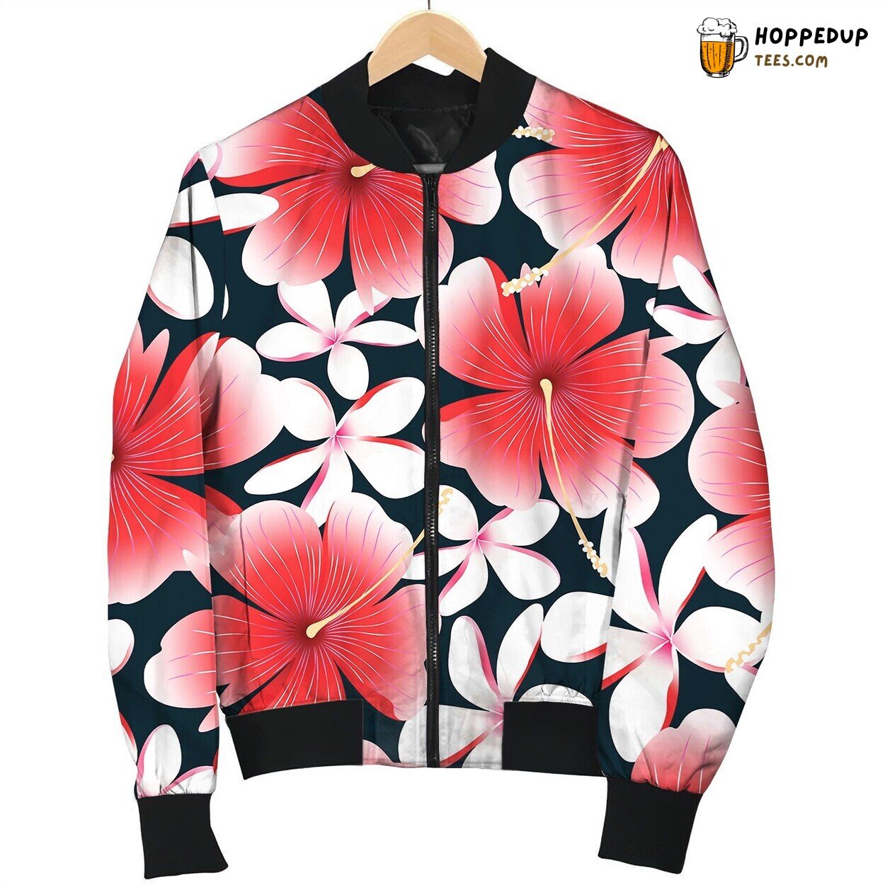 Red Tropical Hibiscus Flower With Frangipani Bomber Jacket