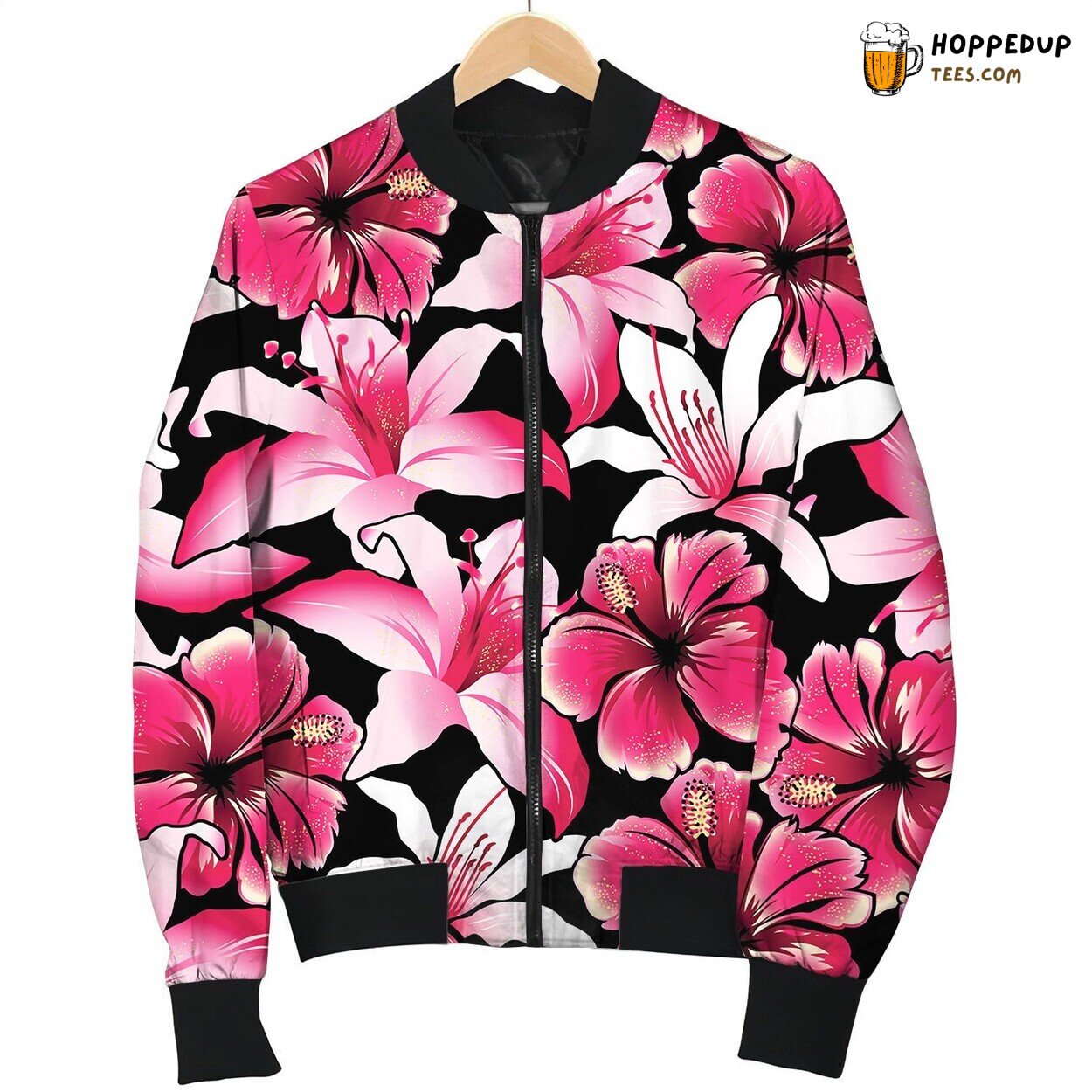 Red Tropical Hibiscus Flowers Seamless Pattern Bomber Jacket