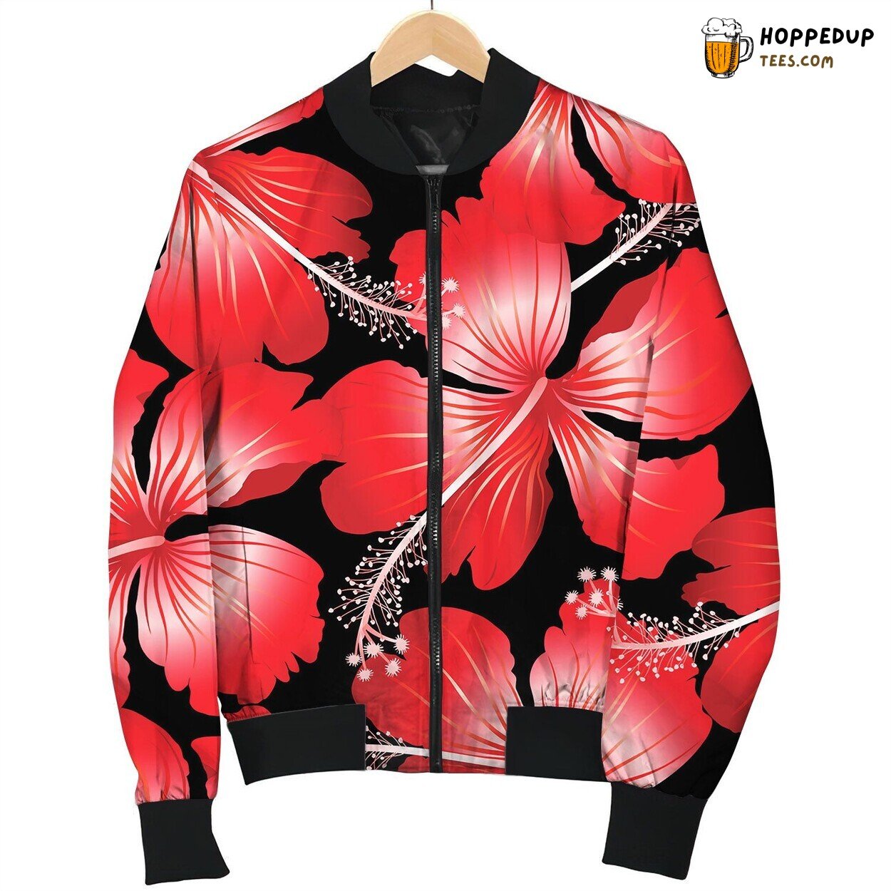 Red Tropical Hibiscus Flowers With Black Bomber Jacket