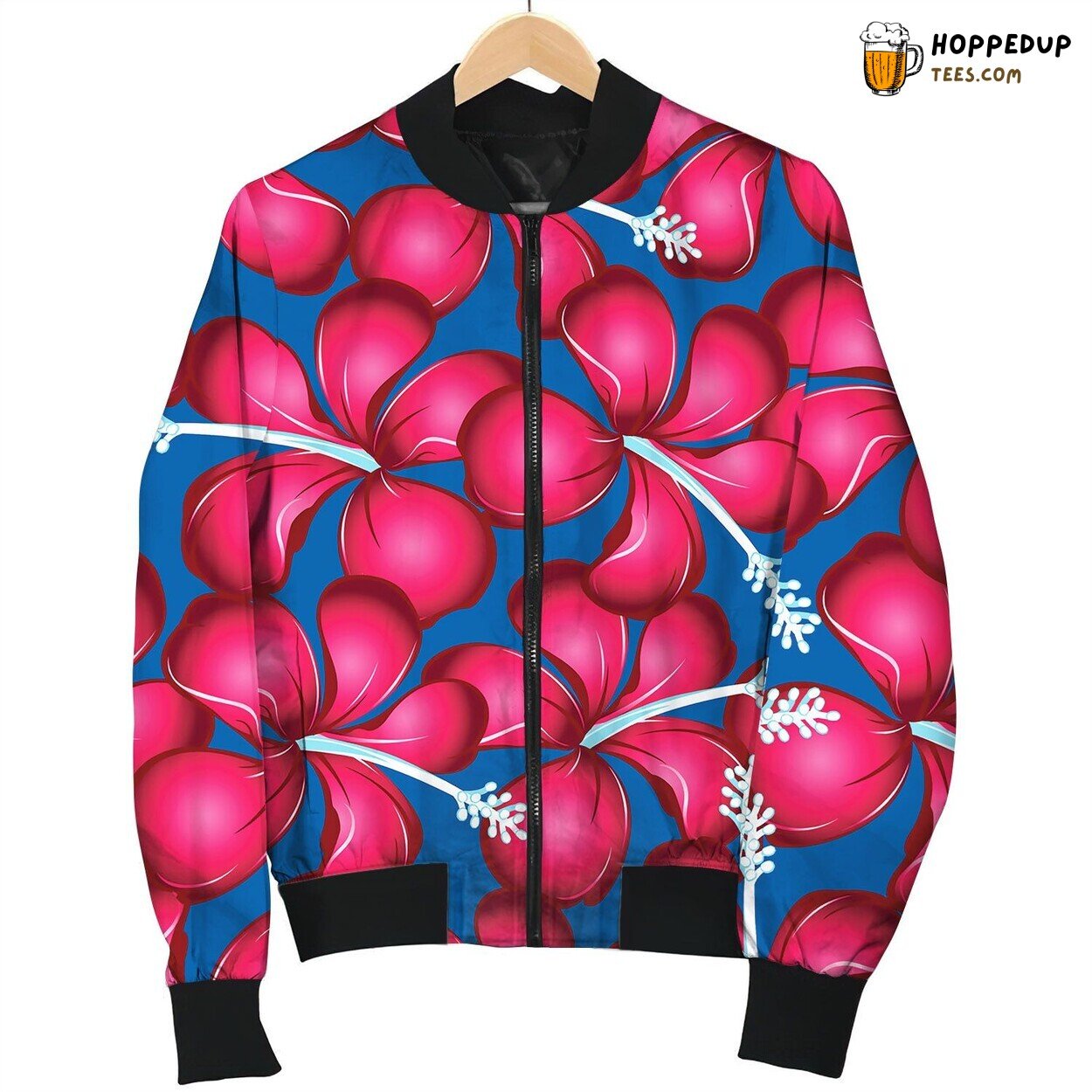 Red Tropical Hibiscus Flowers With Blue Pistil Bomber Jacket