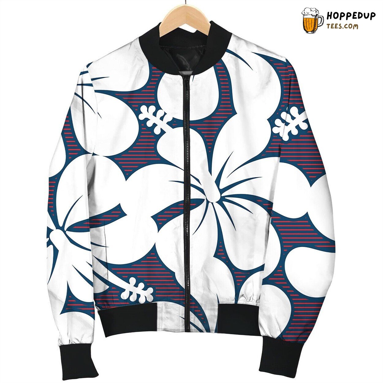 Red White And Blue Hibiscus Lines Seamless Pattern Bomber Jacket