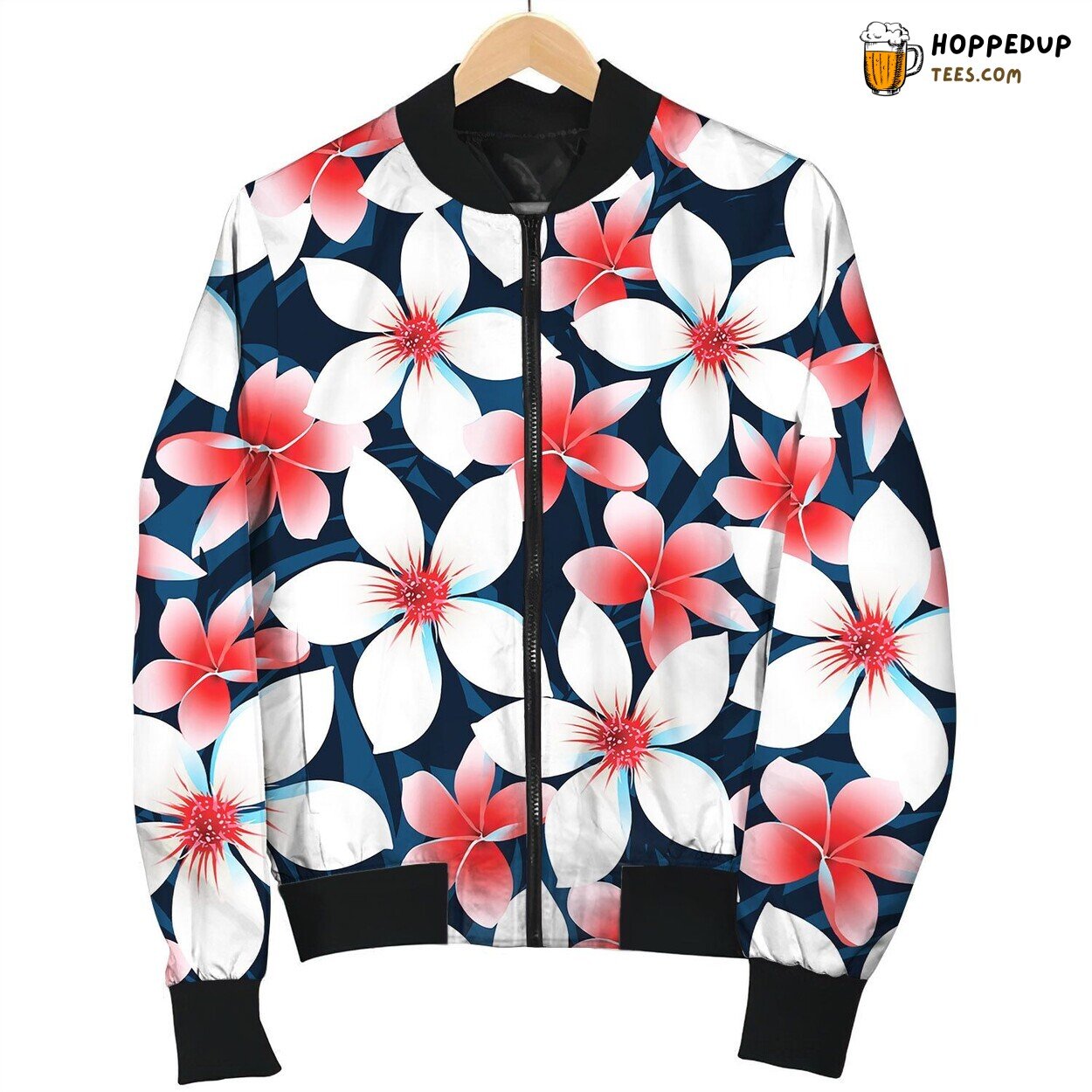 Red White And Blue Tropical Flowers Seamless Bomber Jacket