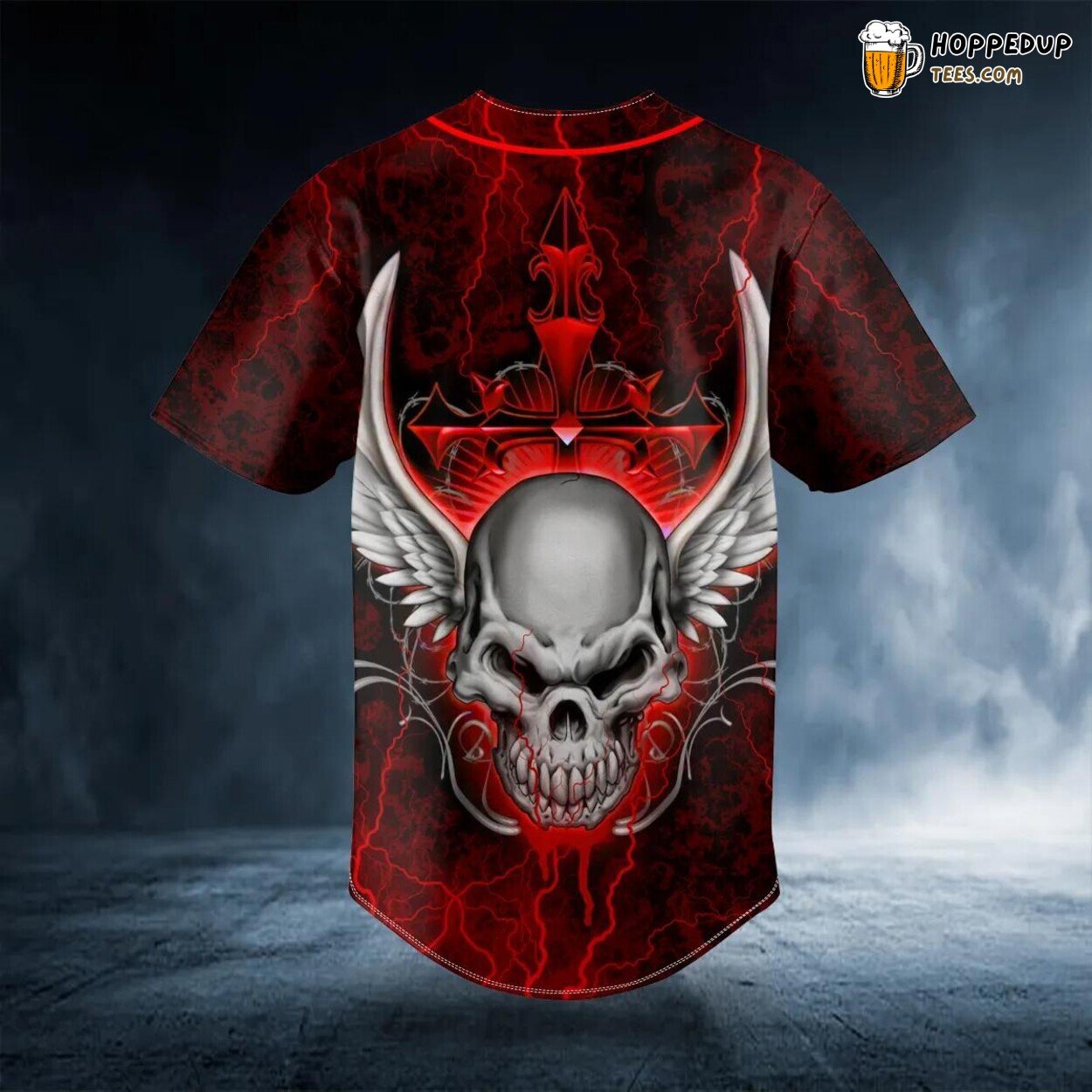 Red Winged Fire Skull Design Baseball Jersey Graphic Tees 3D Print Edition
