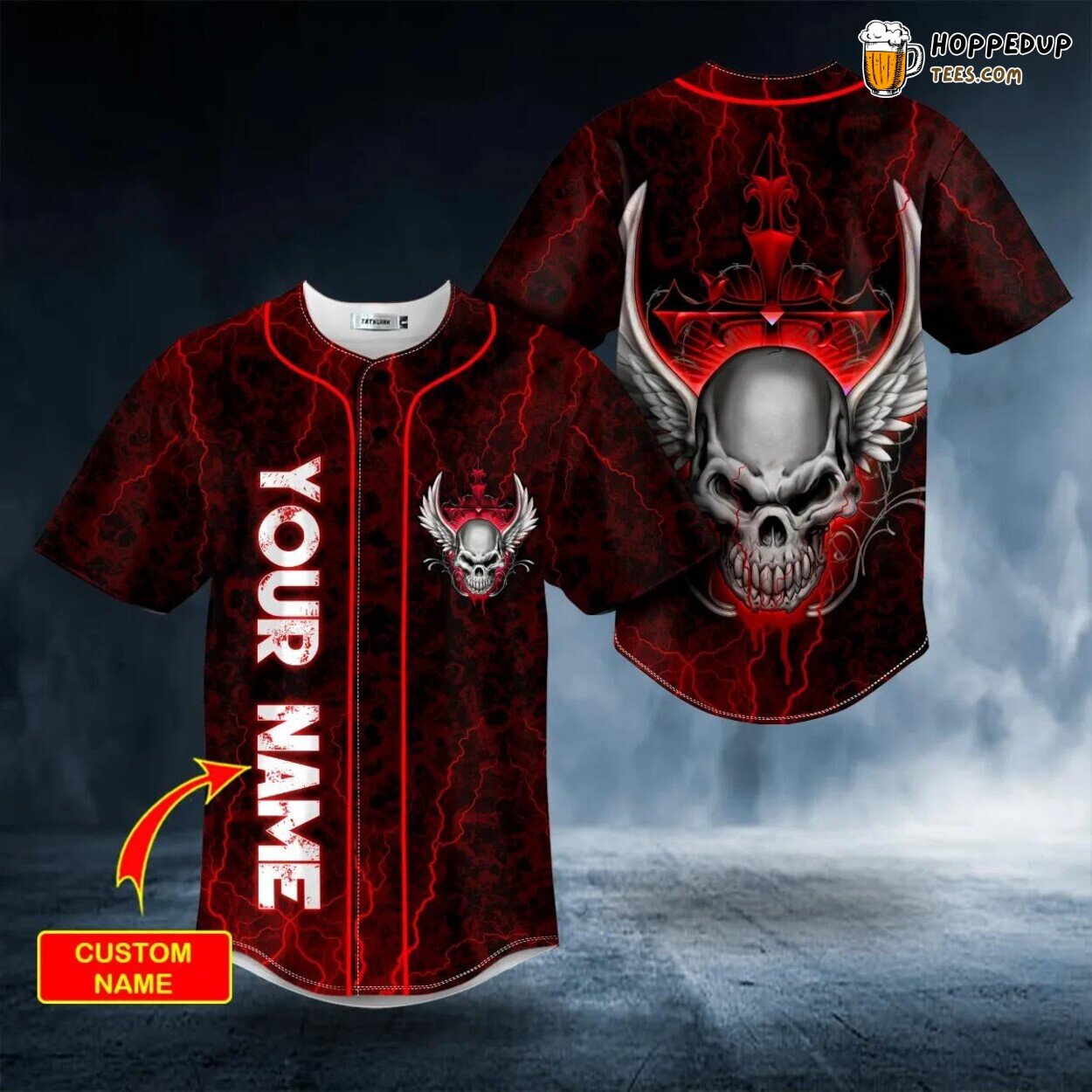 Red Winged Fire Skull Design Unique Baseball Jersey Custom Creation