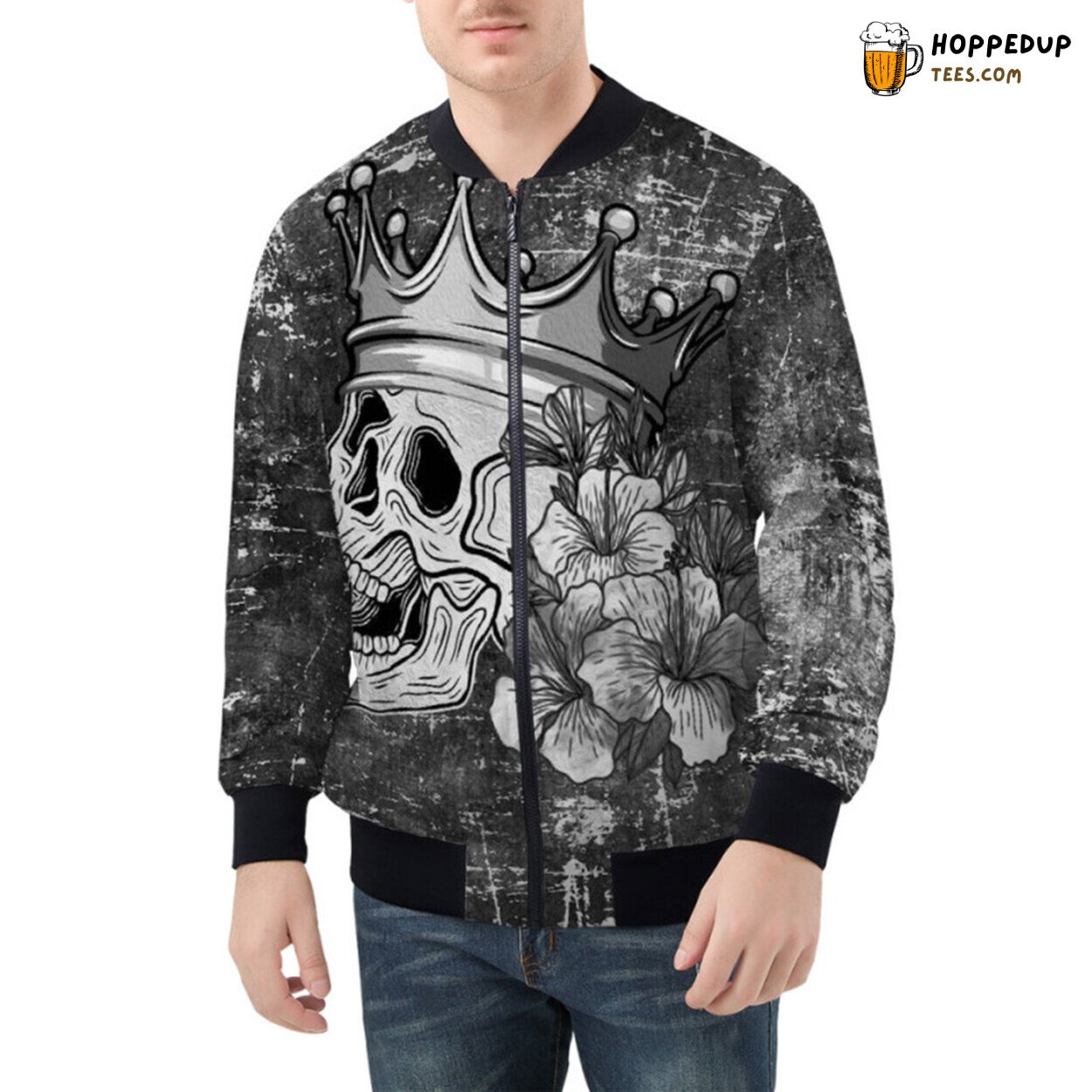 Regal Aura Emanated from a Skull Donning a Crown Bomber Jacket