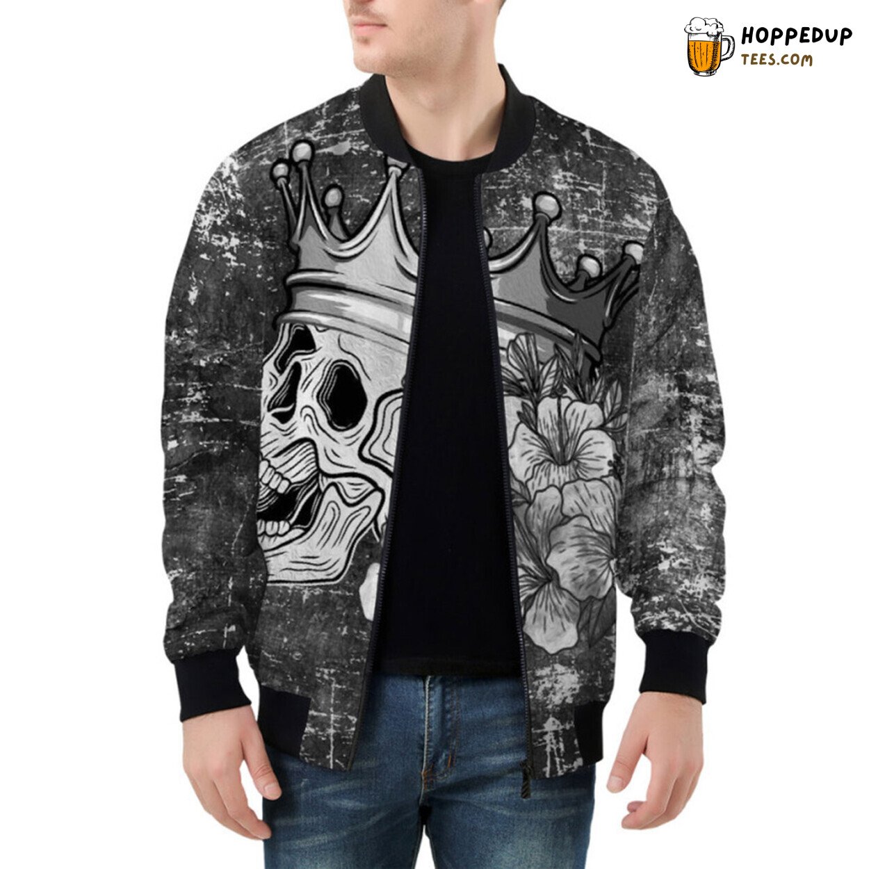Regal Aura Emanated from a Skull Donning a Crown Bomber Jacket