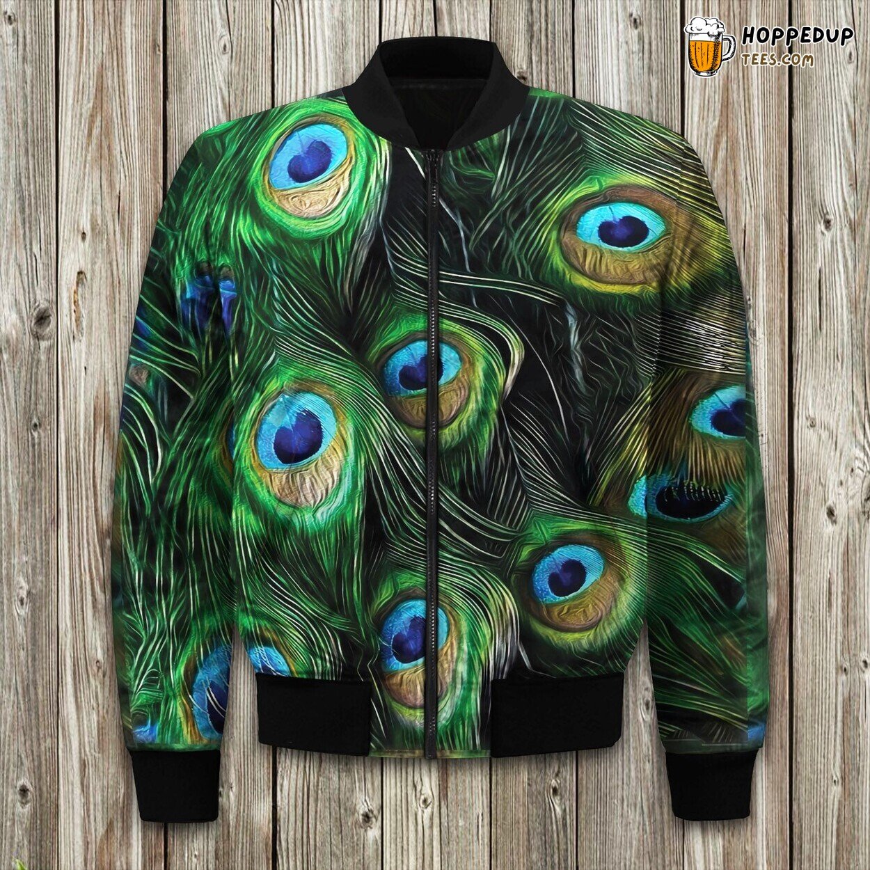 Regal Beauty Peacock Design Winter Bomber Jacket Exotic Feather Fashion