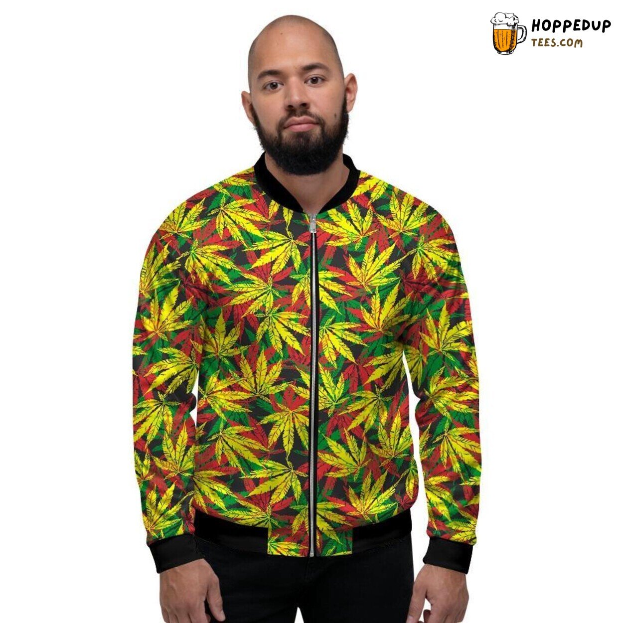 Reggae Leaf Inspired Tropical Design Men’s Bomber Jacket Island Vibes Style