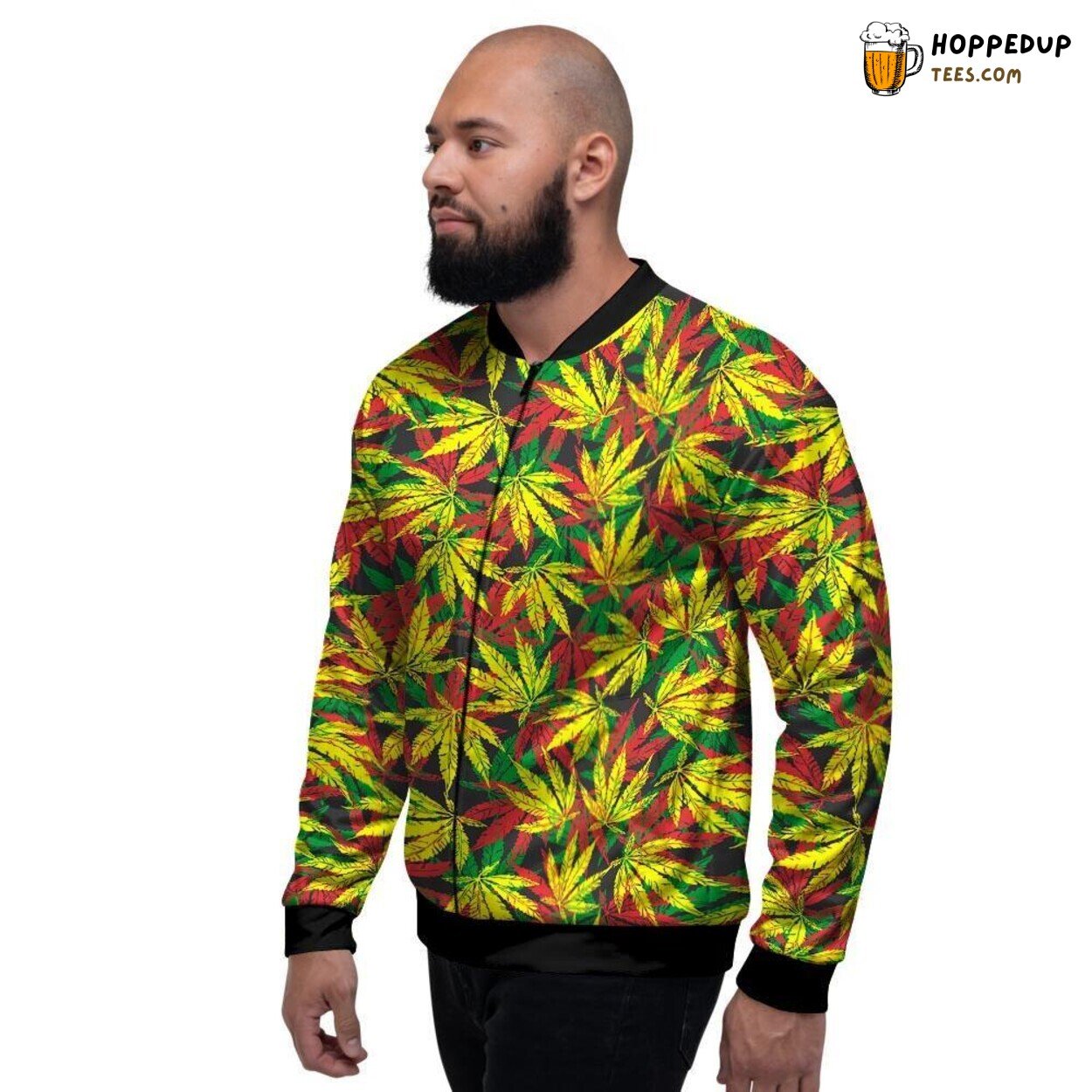 Reggae Leaf Inspired Tropical Design Men’s Bomber Jacket Island Vibes Style
