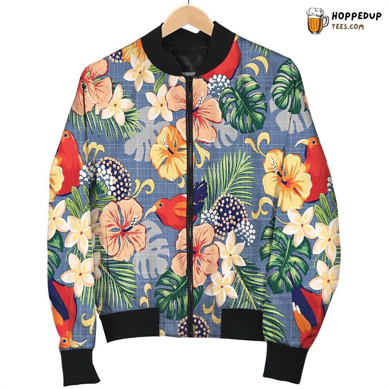 Retro Hawaiian Print In Ocean Blue Bomber Jacket