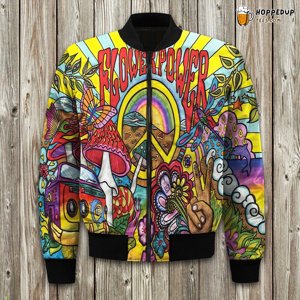 Retro Vibe Hippie Theme Winter Bomber Jacket Peaceful Fashion Statement