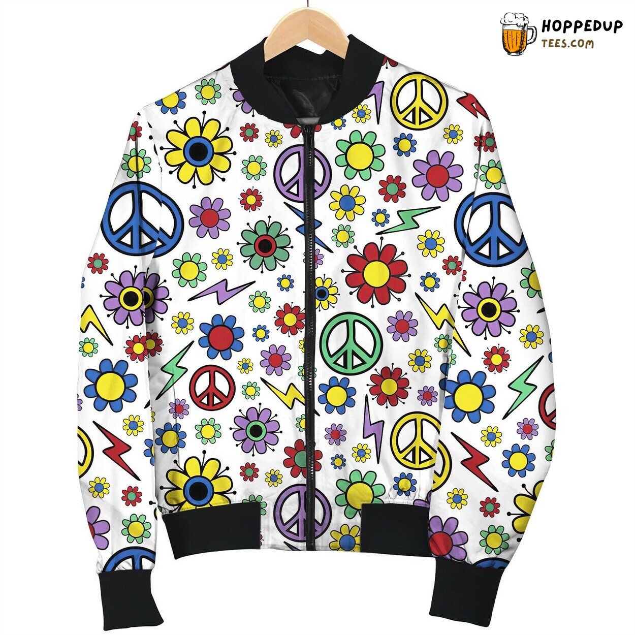 Retro Vibe Peace Hippie Theme Winter Bomber Jacket Fashion Throwback