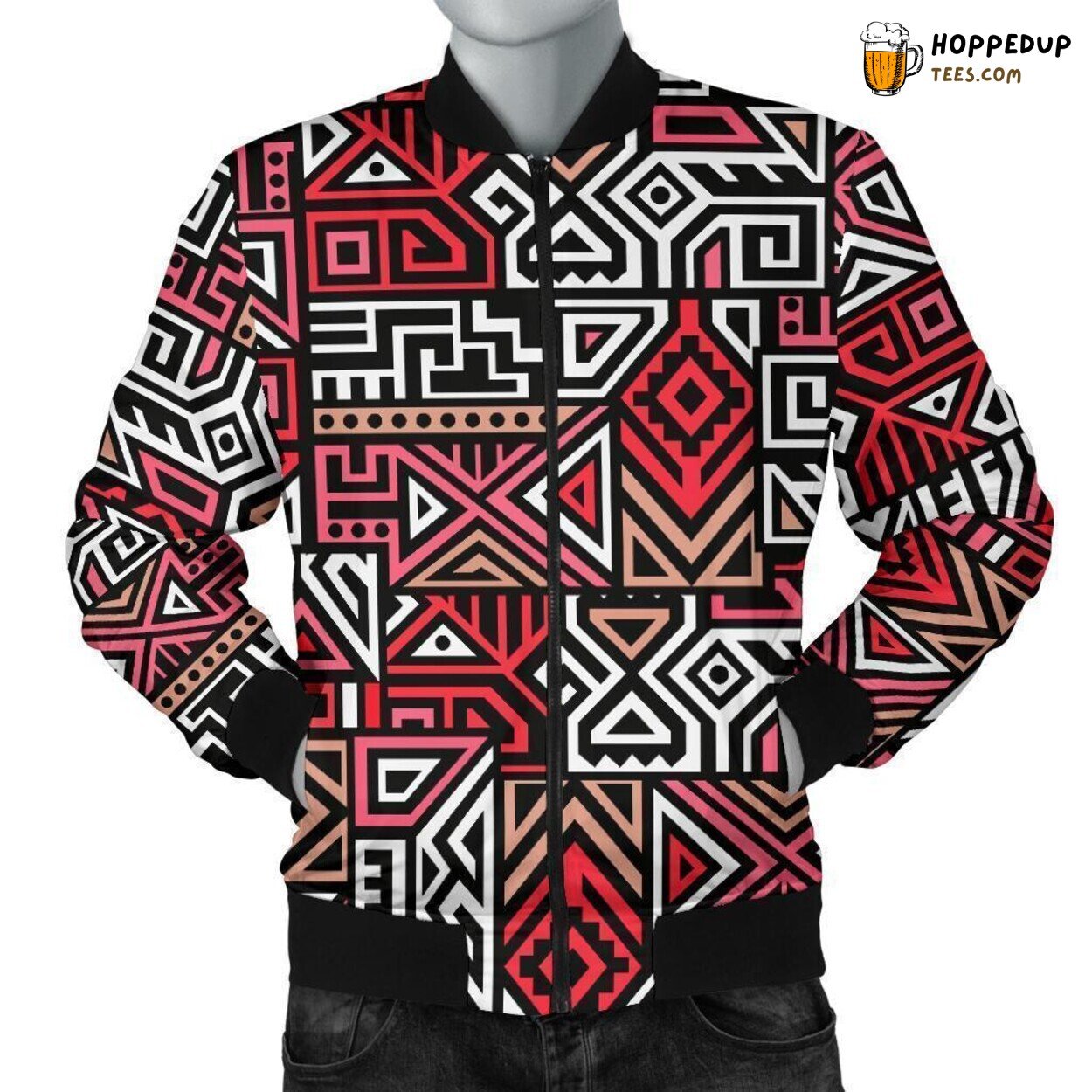Rich Ethnic Red Essence Men’s Bomber Jacket Unique Design Pattern Display
