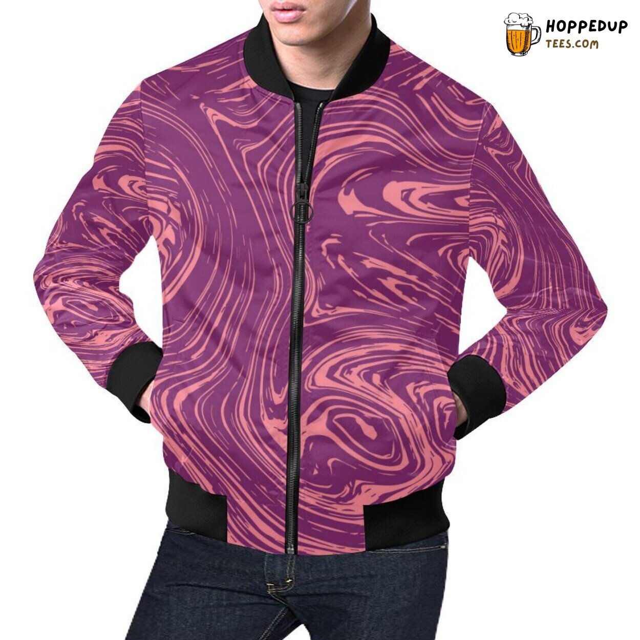 Rich Red Marble Pattern Print Design Men’s Distinctive Bomber Jacket