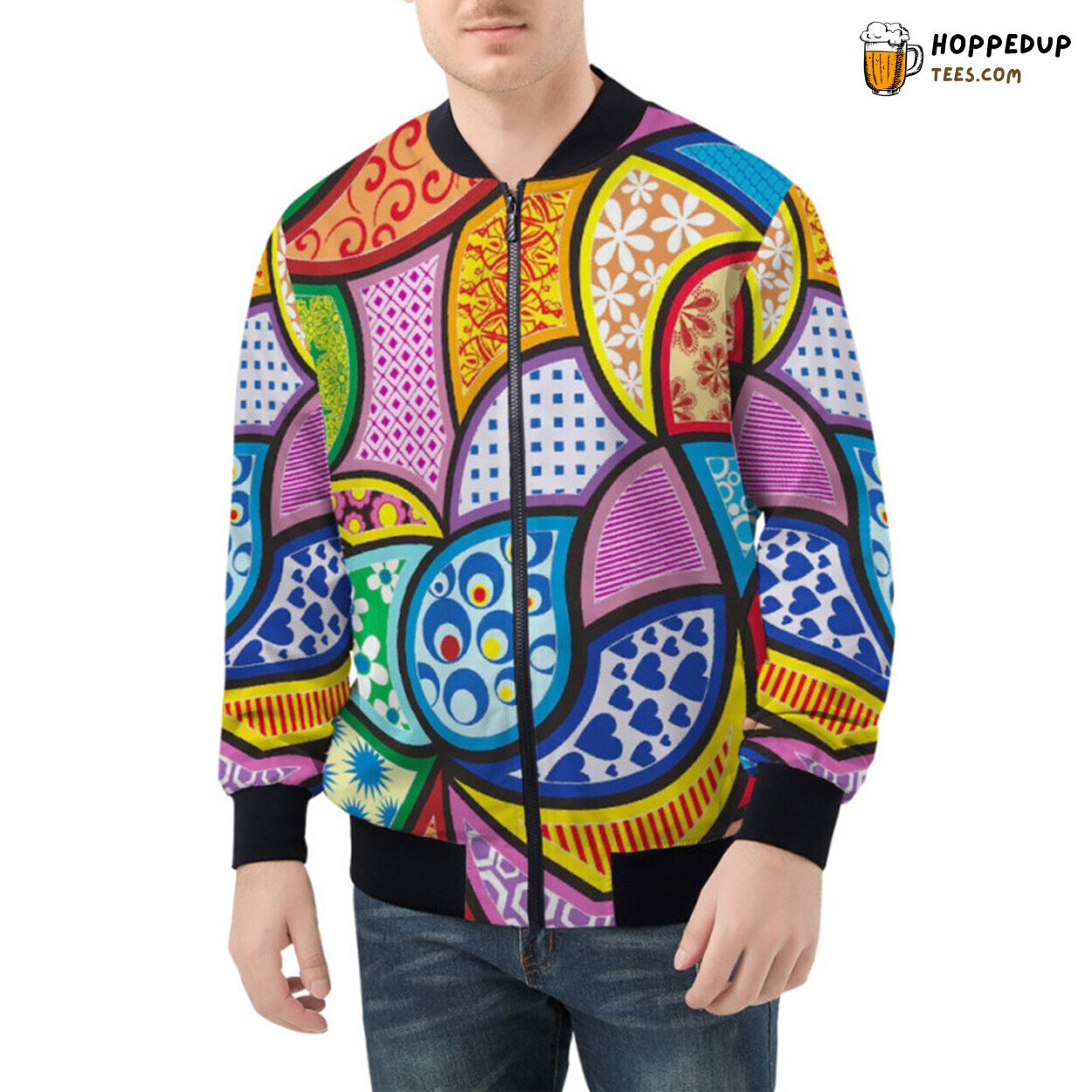 Rich Tapestry of Ethnic Colorful Patterns on Bomber Jacket