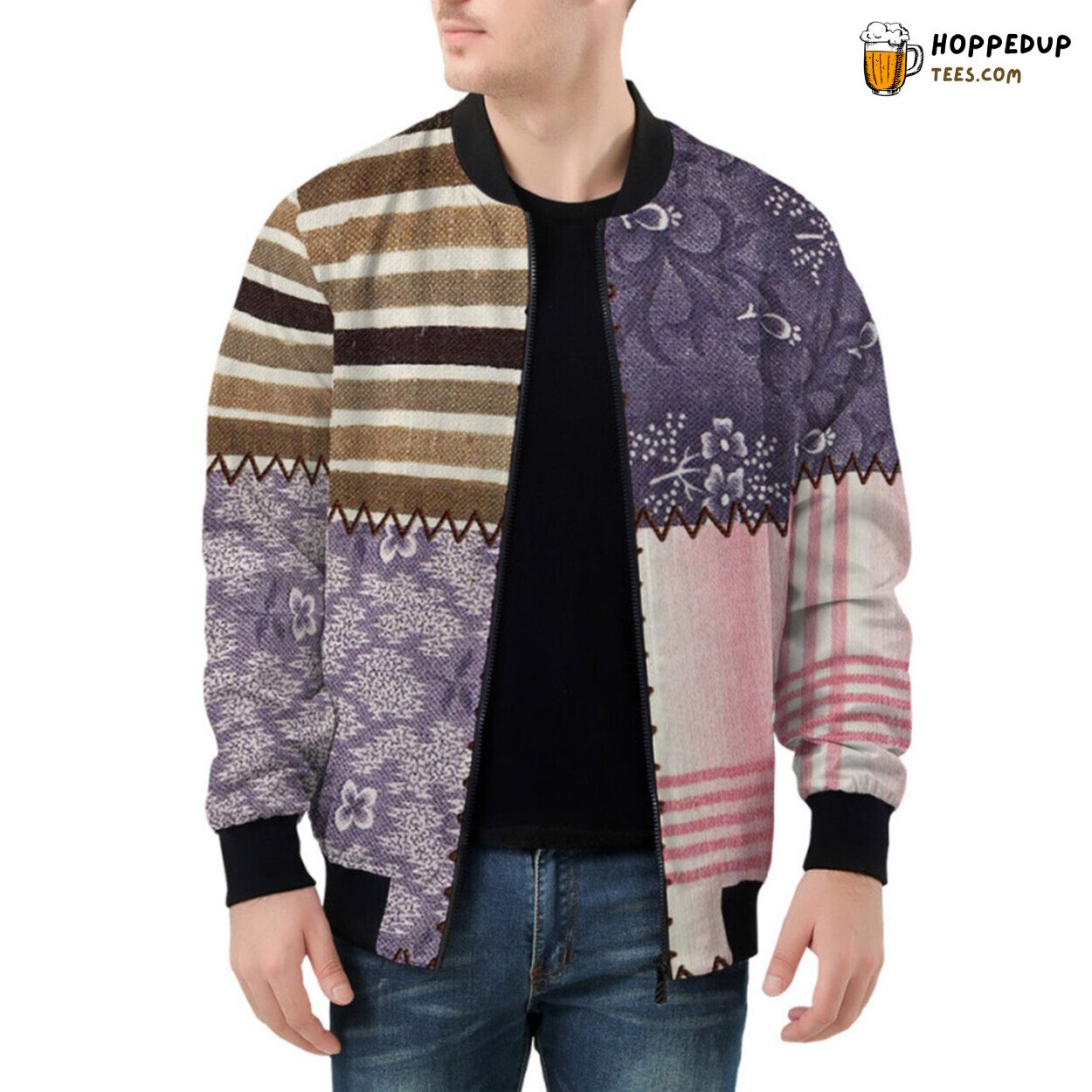 Rich Tapestry of Fabric Artfully Stitched Cloth Patchwork Bomber Jacket